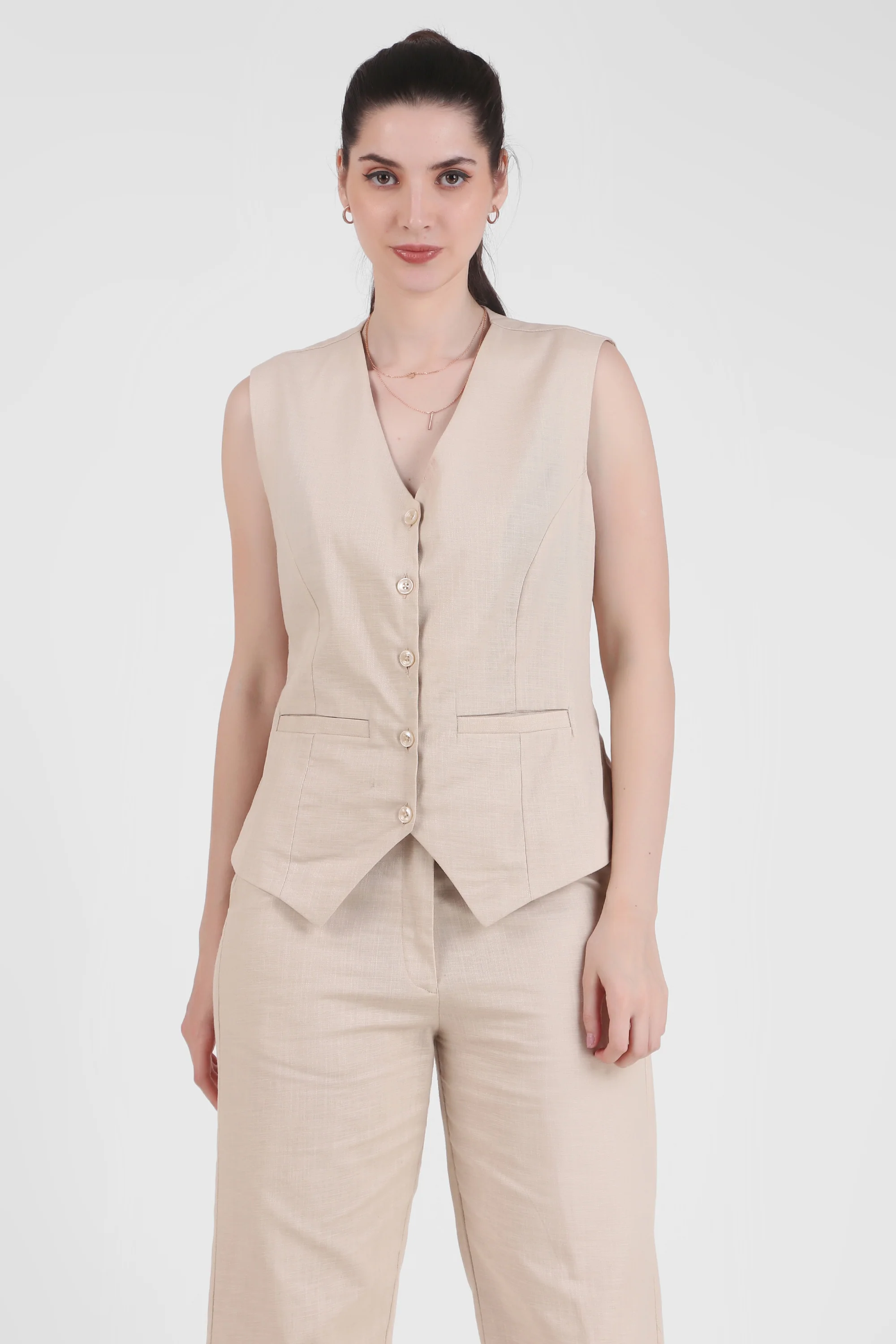 Linen Blend, Waistcoat And Trousers Co-ord Set - Beige - Image 6