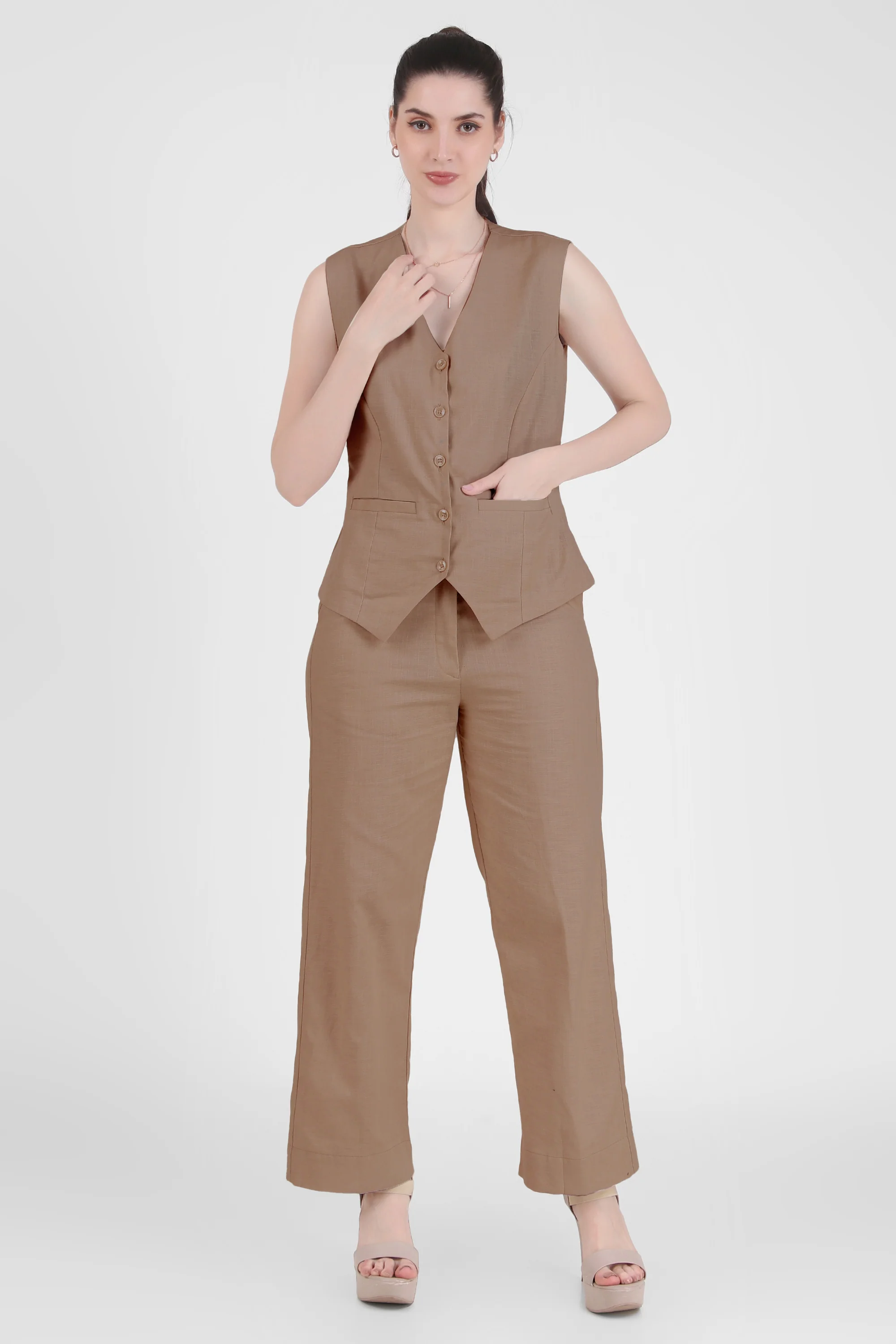 Linen Blend, Waistcoat And Trousers Co-ord Set - Camel - Image 3