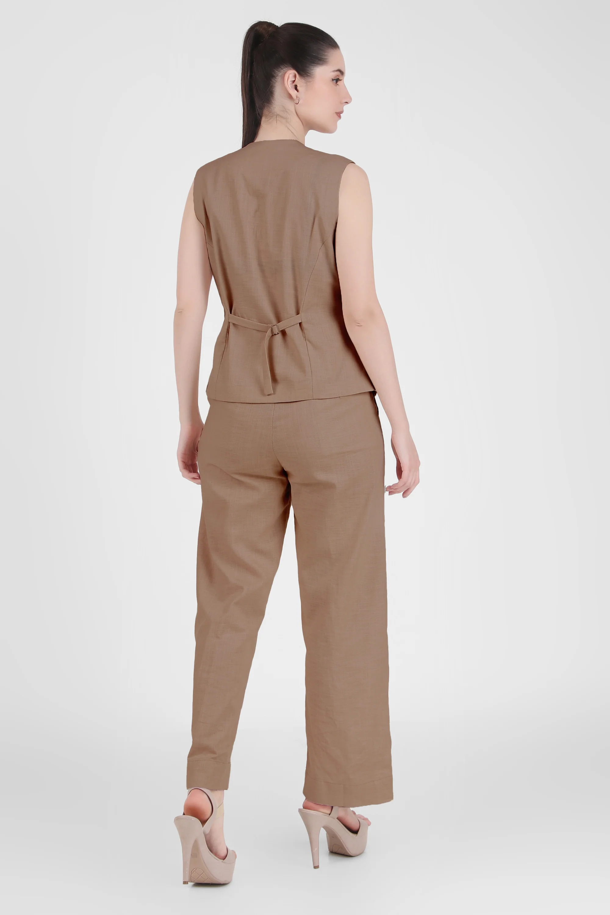 Linen Blend, Waistcoat And Trousers Co-ord Set - Camel - Image 4