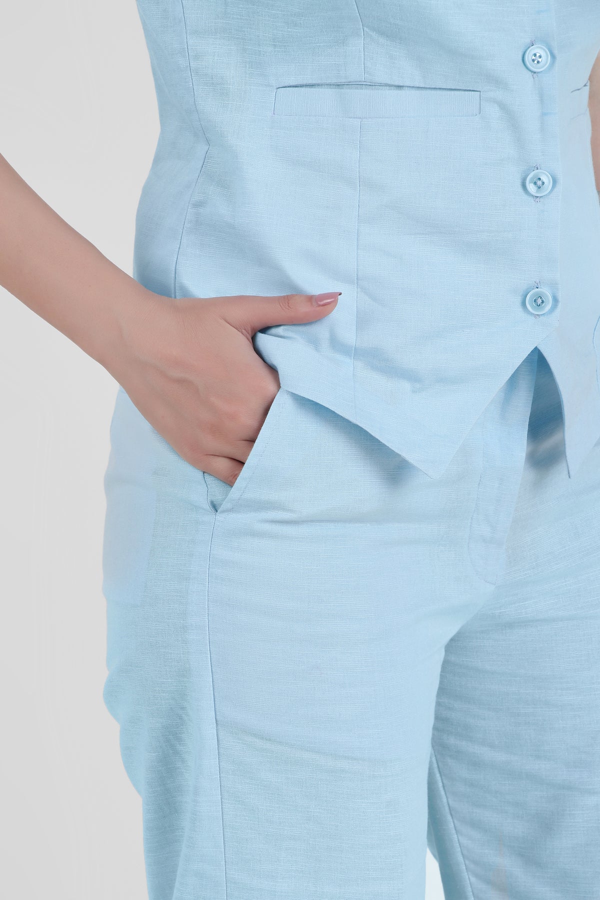 Linen Blend, Waistcoat And Trousers Co-ord Set - Sky Blue - Image 3