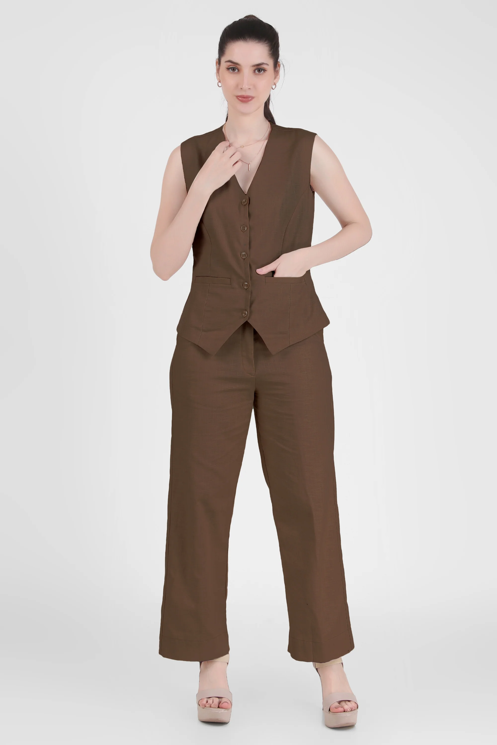 Linen Blend, Waistcoat And Trousers Co-ord Set - Taupe - Image 3