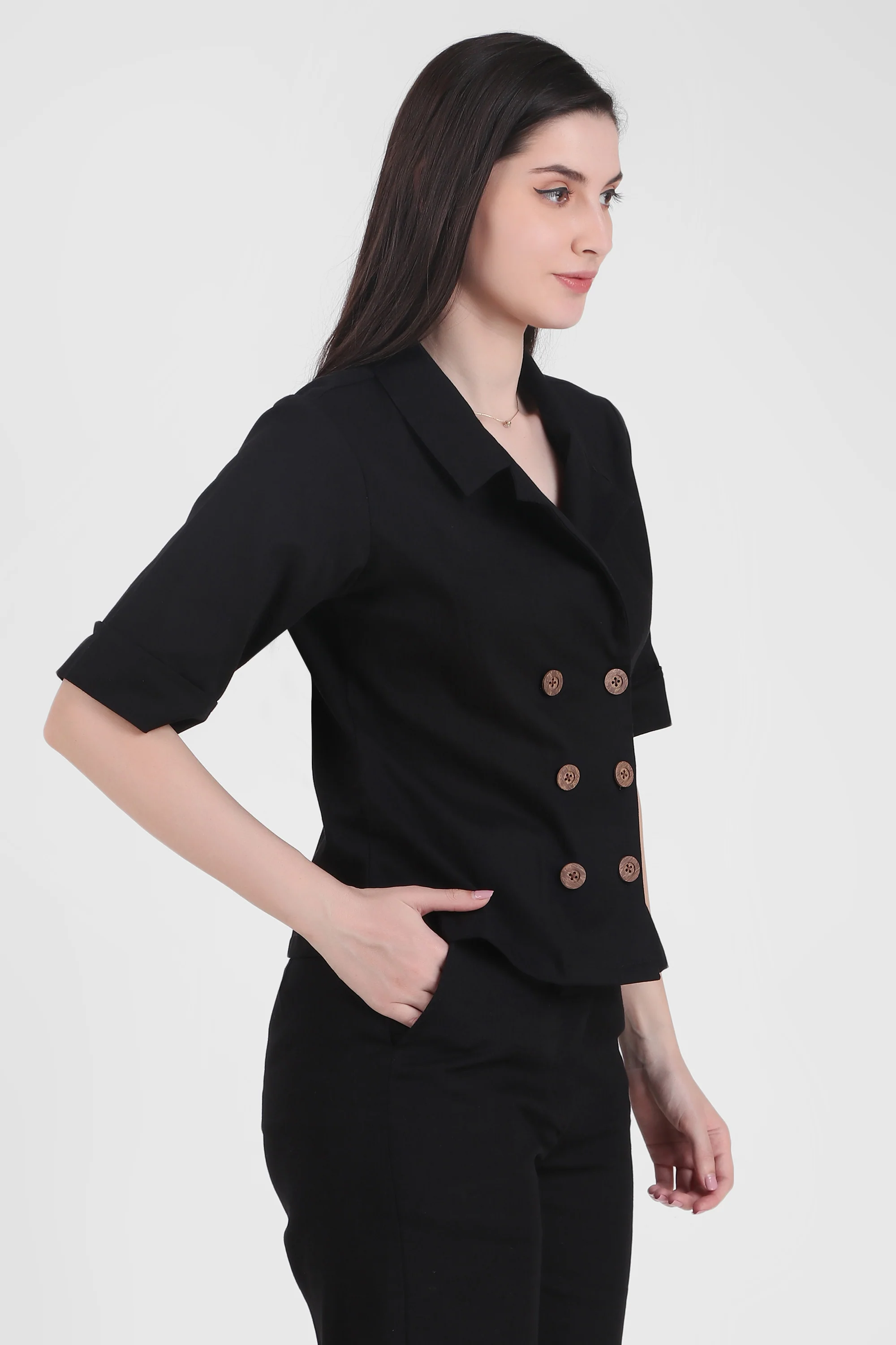 Linen Open Collar Double Breasted Shirt, Black - Image 3