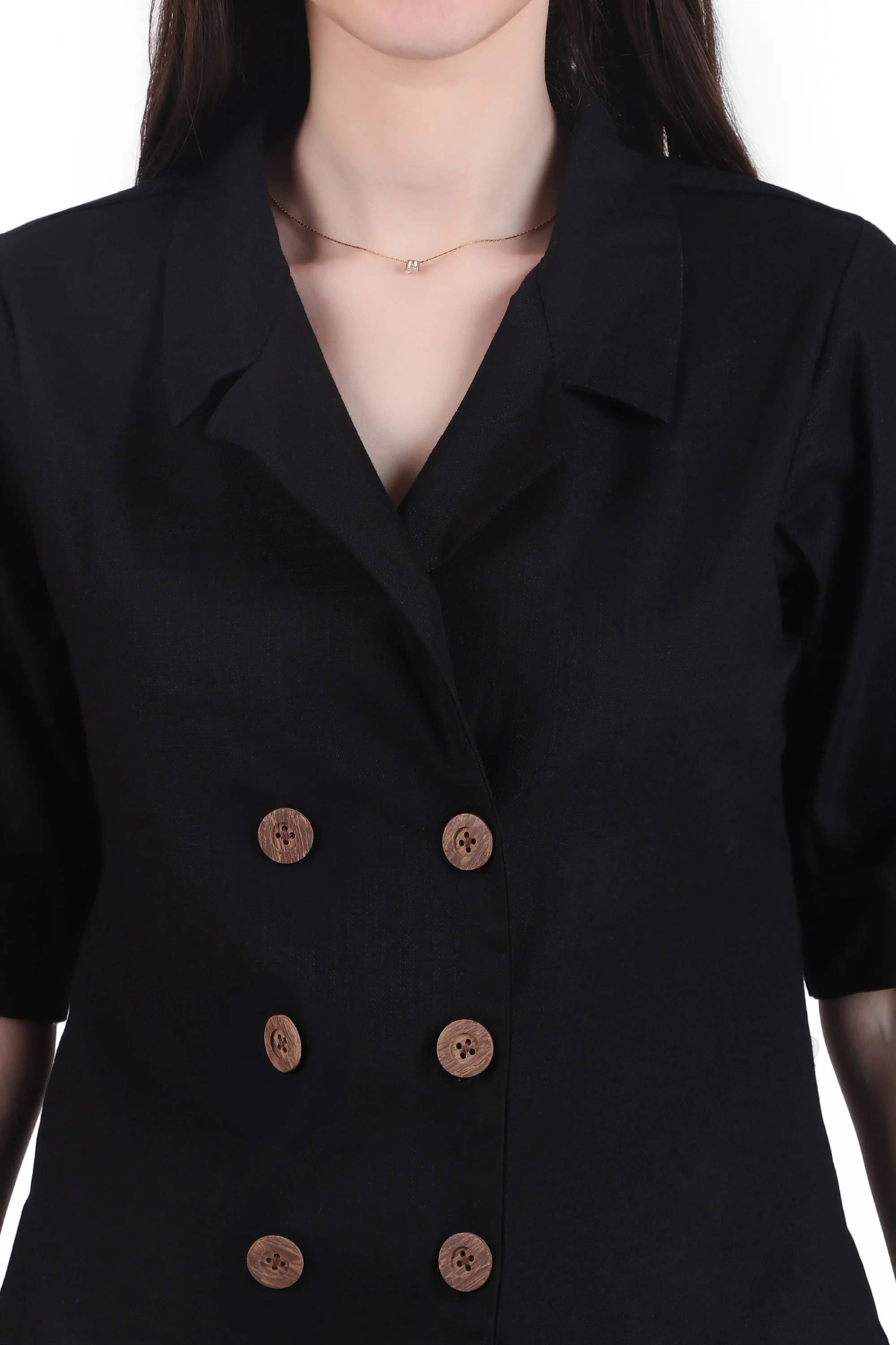 Linen Open Collar Double Breasted Shirt, Black - Image 4
