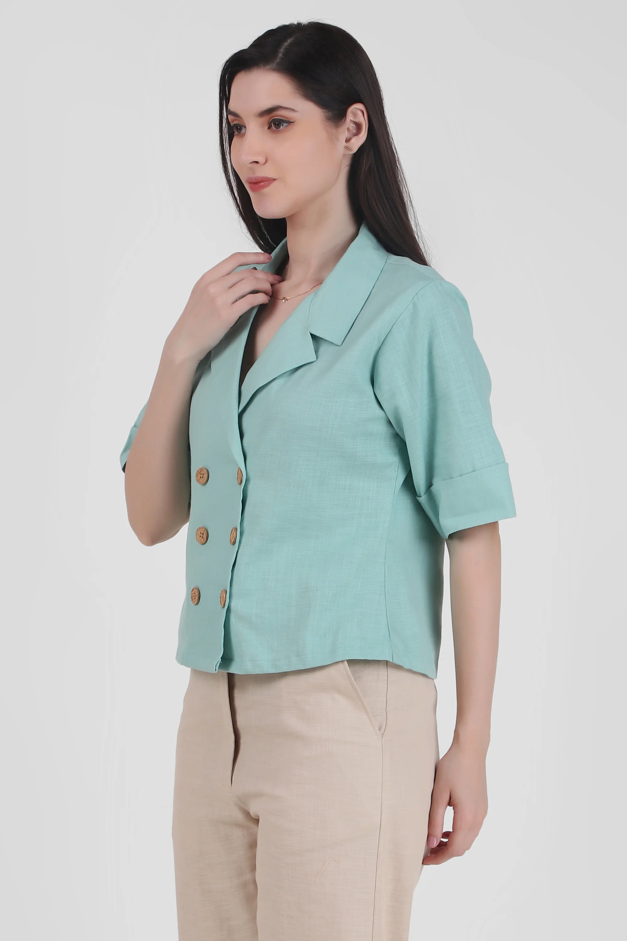 Linen Open Collar Double Breasted Shirt, Pastel Green - Image 3