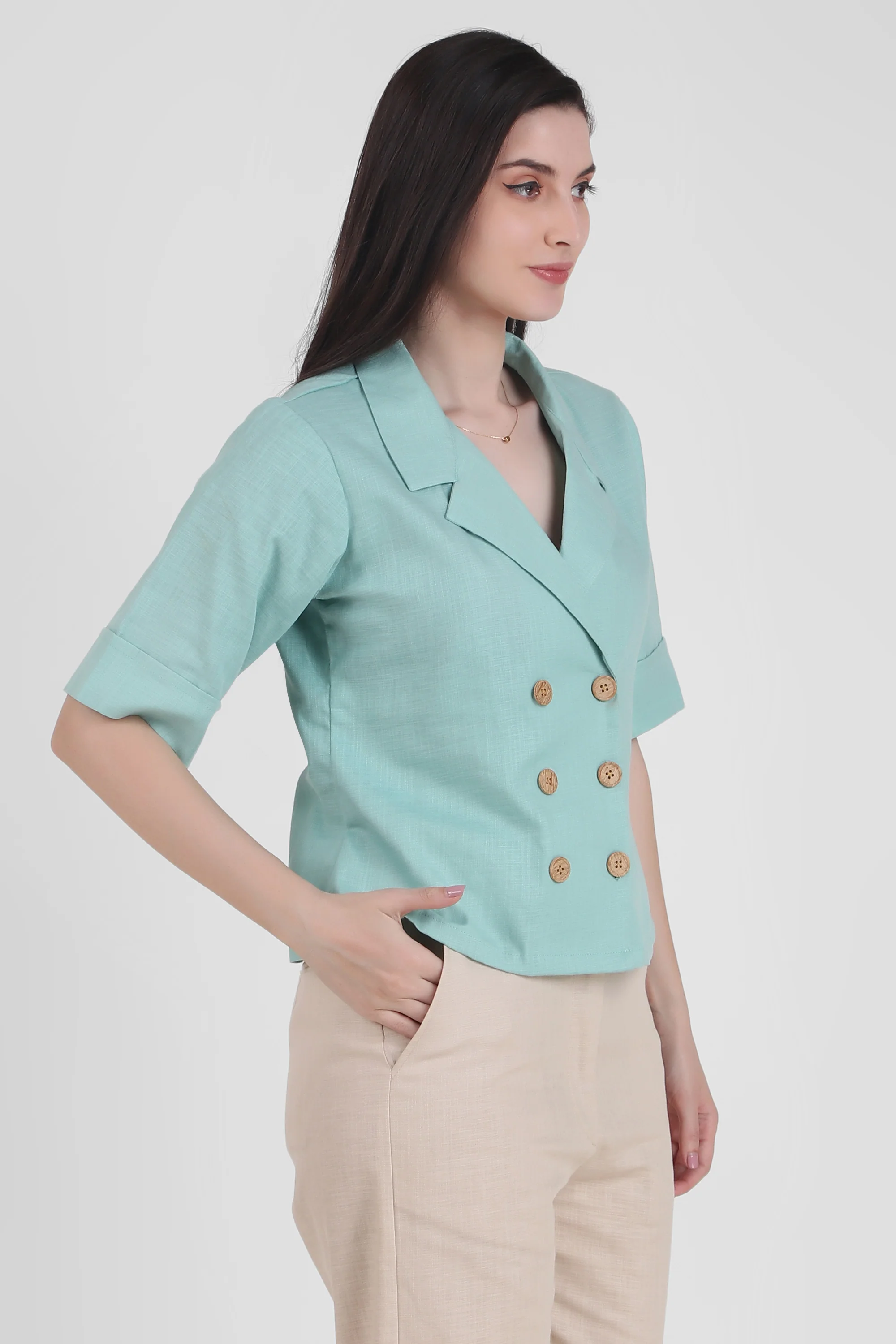 Linen Open Collar Double Breasted Shirt, Pastel Green - Image 4