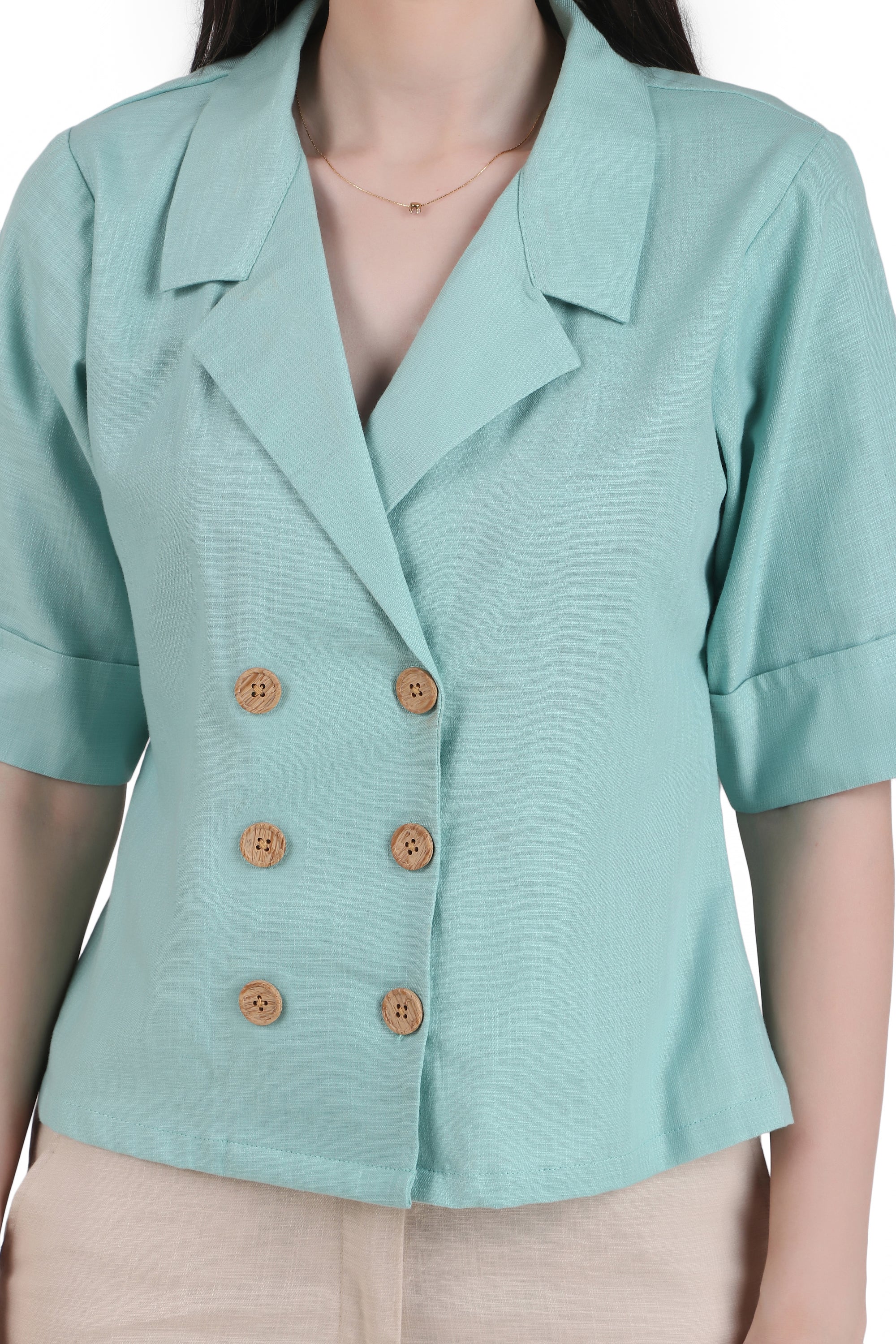 Linen Open Collar Double Breasted Shirt, Pastel Green - Image 5