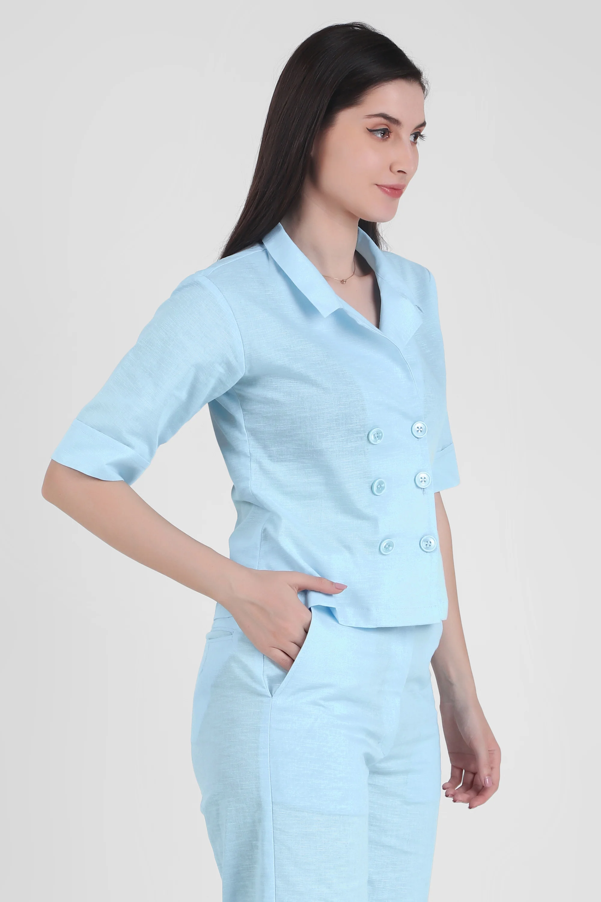 Linen Open Collar Double Breasted Shirt, Sky Blue - Image 4