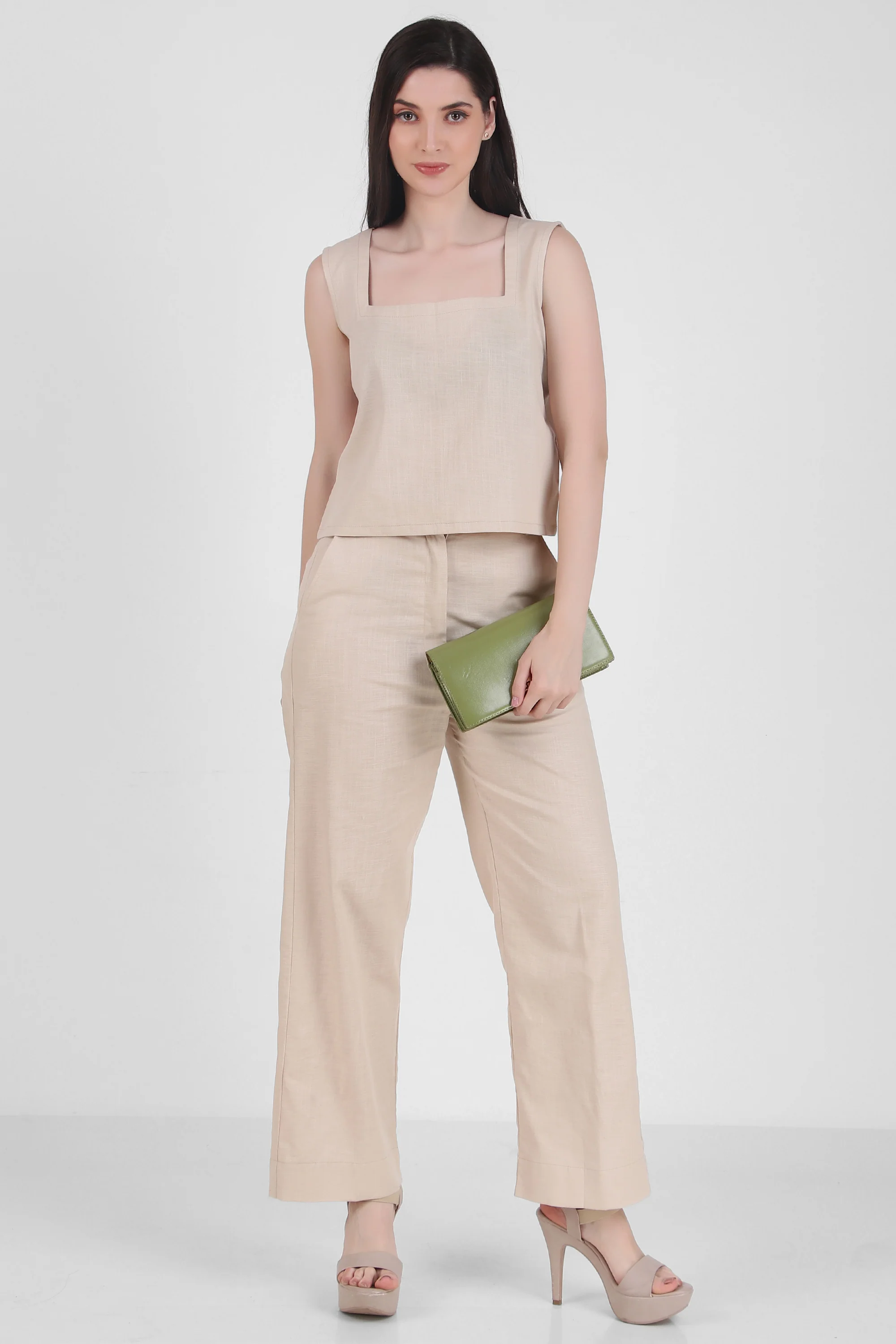 Linen Square Neck Tank, Beige - Image 3