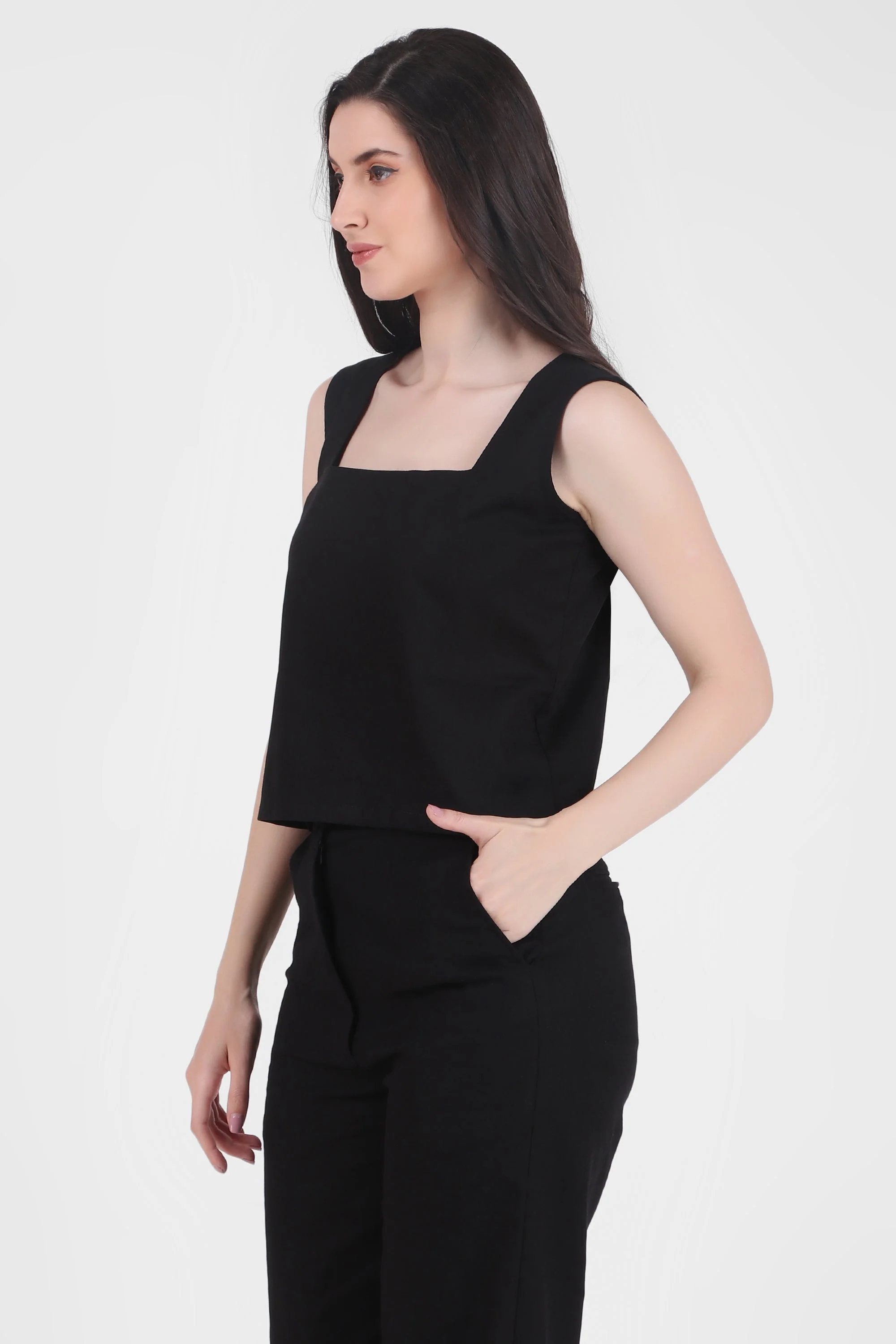 Linen Square Neck Tank, Black - Image 3