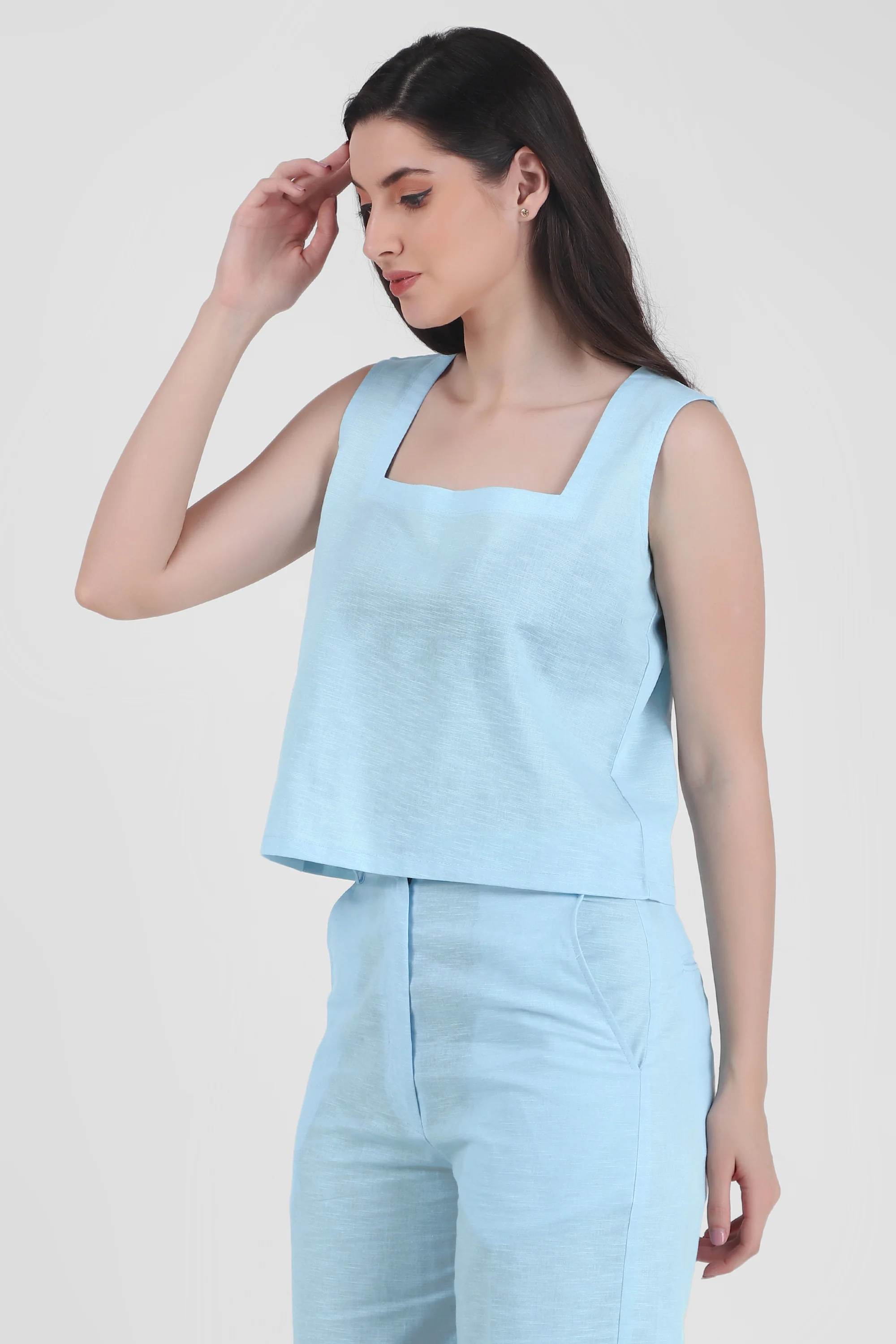 Linen Square Neck Tank, Sky Blue - Image 3
