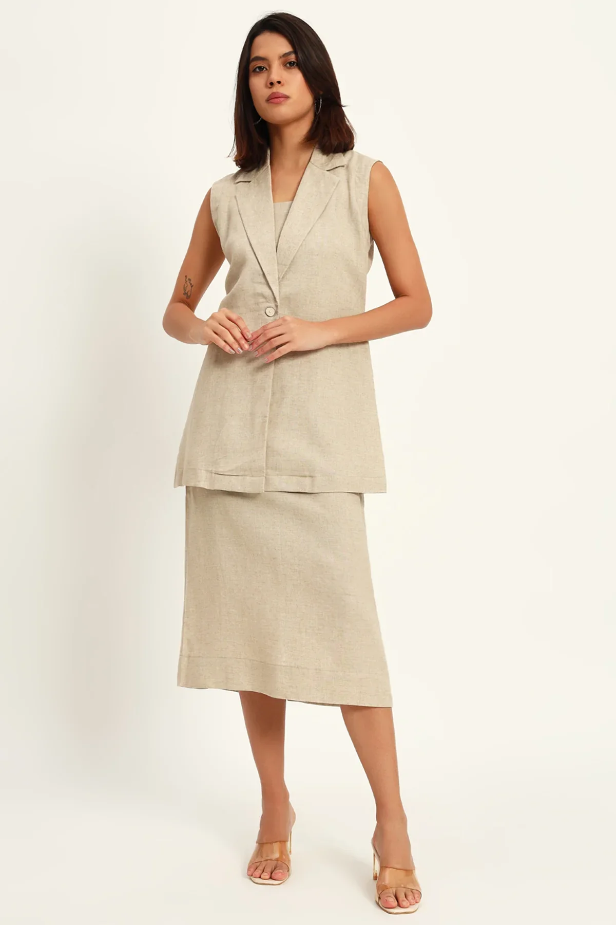 Luxe Linen Trio Jacket with Skirt Co-ord Set, Beige - Image 5