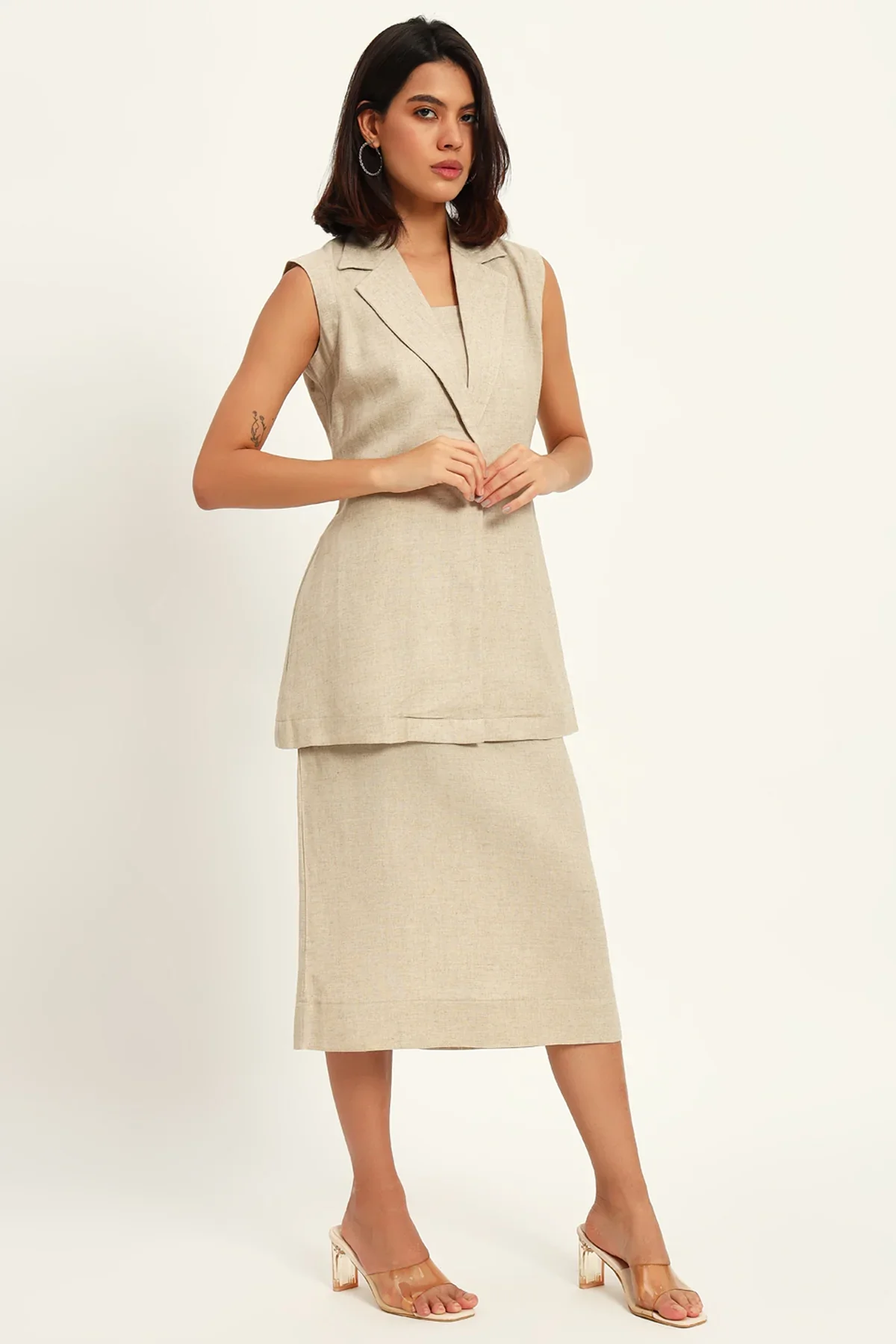 Luxe Linen Trio Jacket with Skirt Co-ord Set, Beige - Image 6