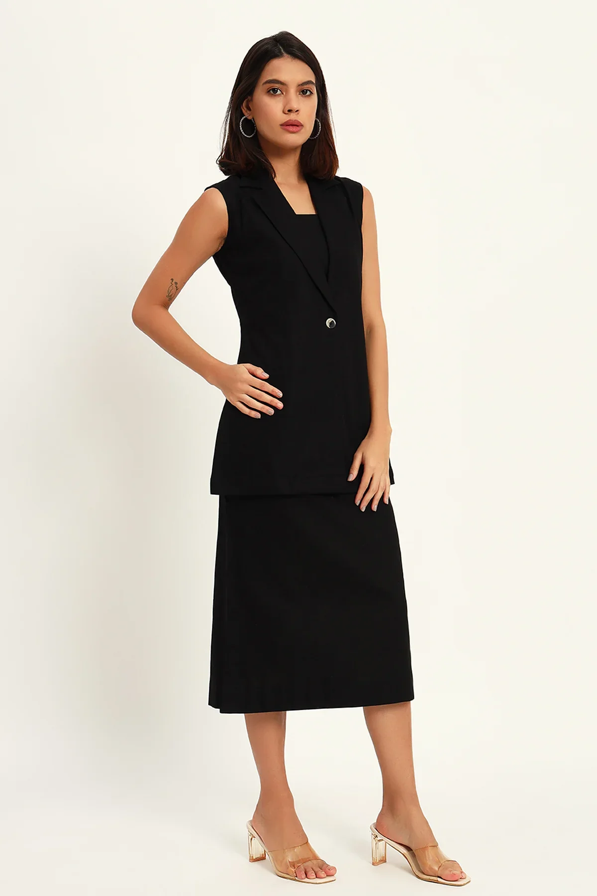 Luxe Linen Trio Jacket with Skirt Co-ord Set, Black - Image 4