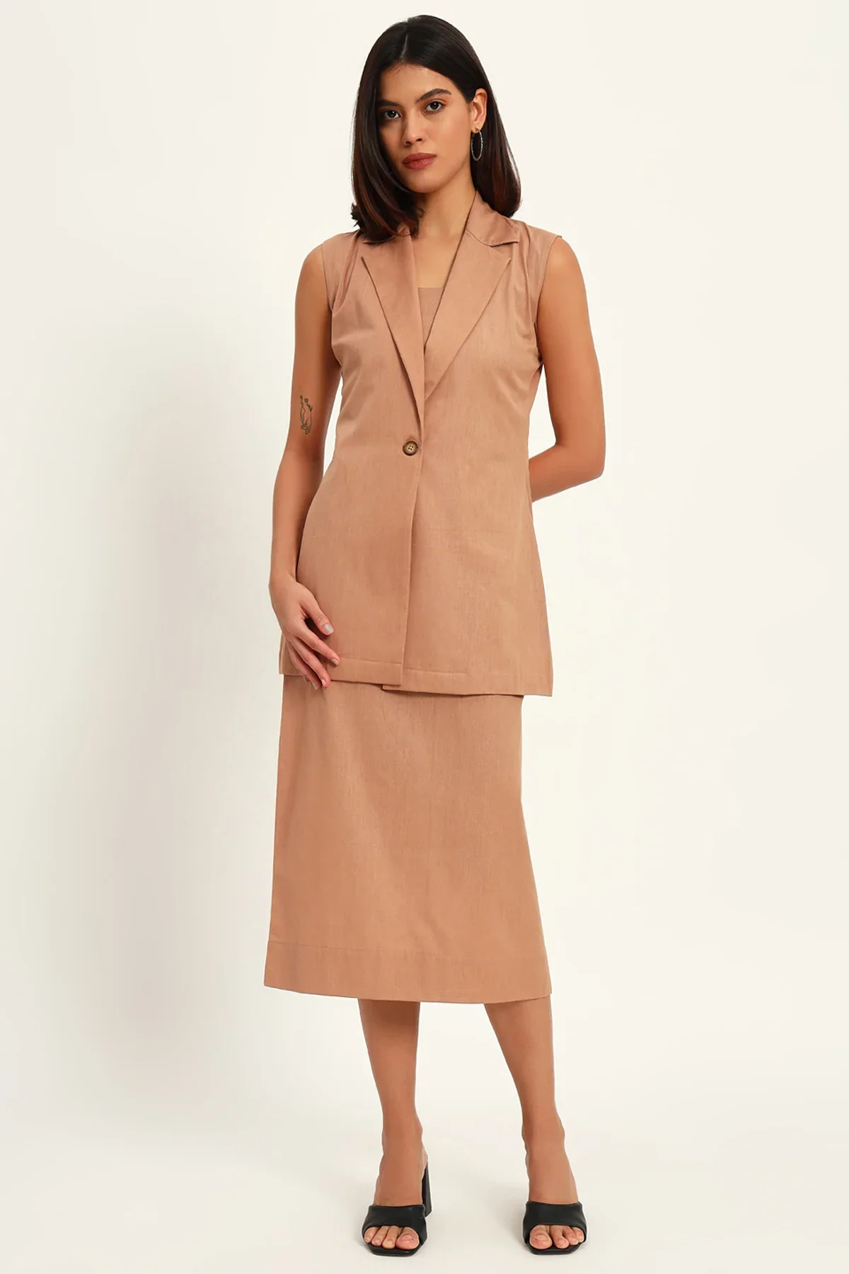 Luxe Linen Trio Jacket with Skirt Co-ord Set, Camel - Image 3