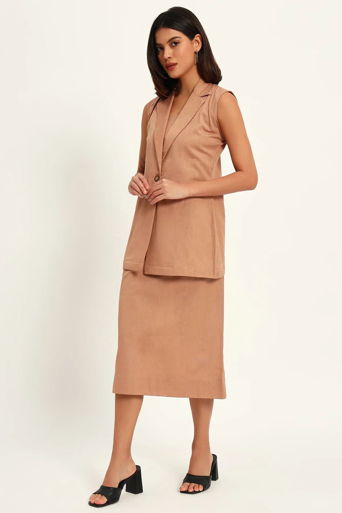 Luxe Linen Trio Jacket with Skirt Co-ord Set, Camel - Image 5