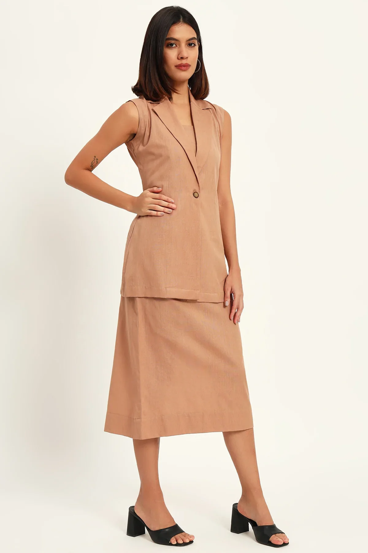 Luxe Linen Trio Jacket with Skirt Co-ord Set, Camel - Image 6