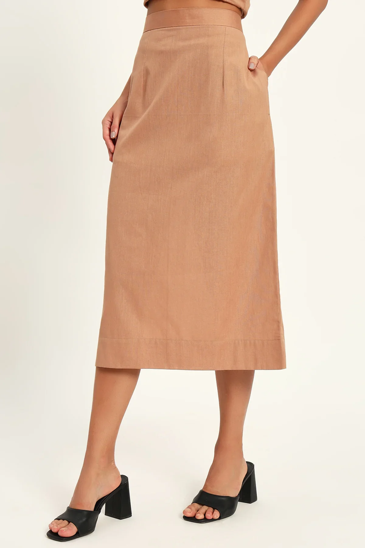 Luxe Linen Trio Jacket with Skirt Co-ord Set, Camel - Image 7