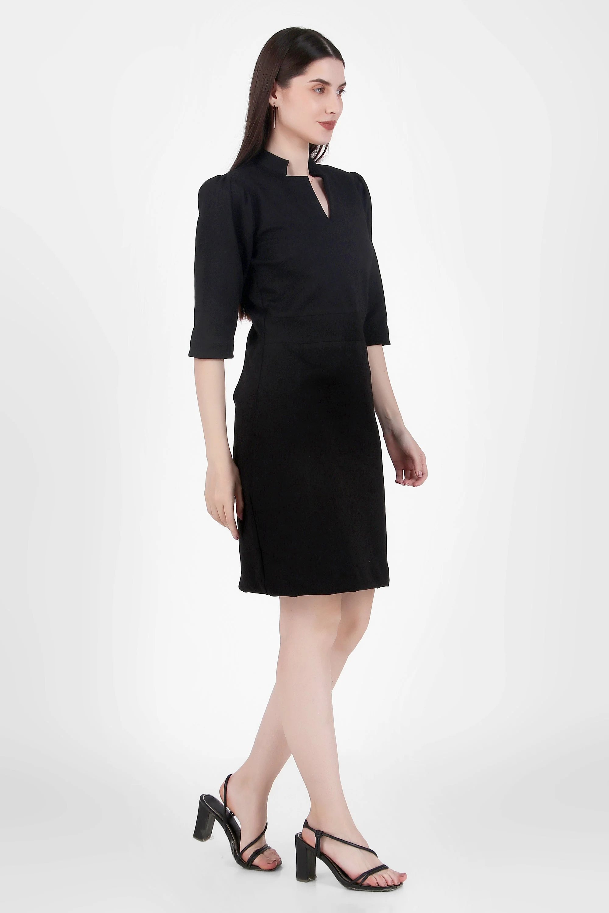 Puff Sleeves Stretch Sheath Dress, Black - Image 3