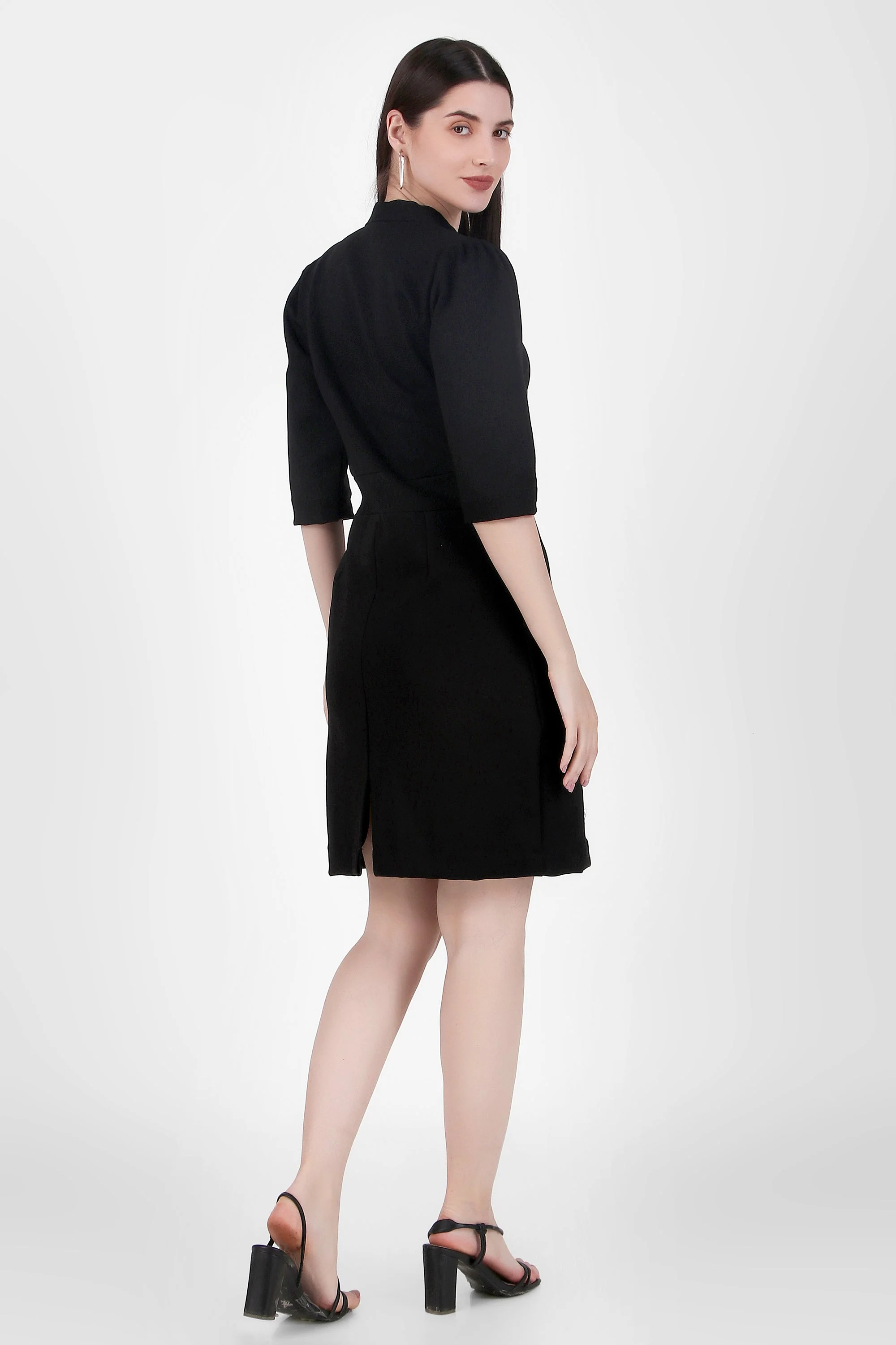 Puff Sleeves Stretch Sheath Dress, Black - Image 4