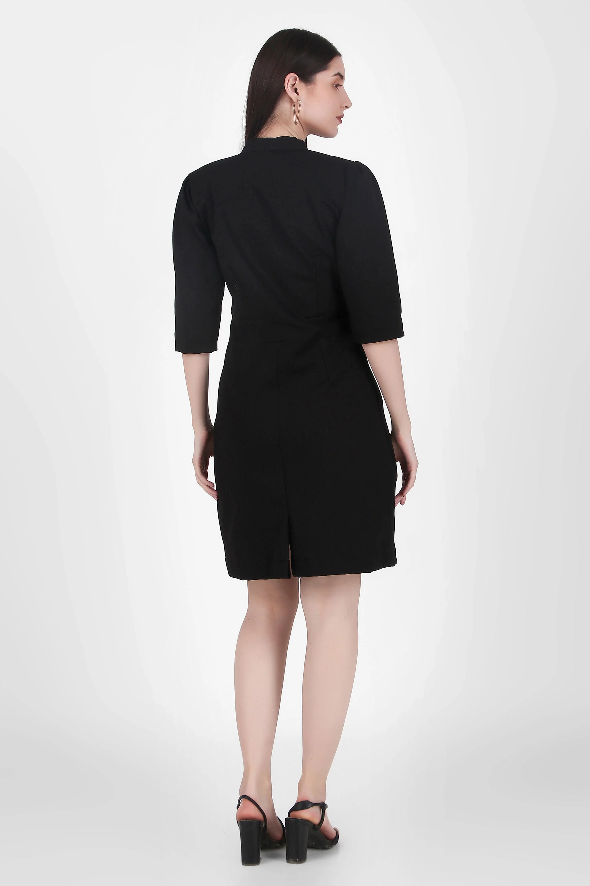 Puff Sleeves Stretch Sheath Dress, Black - Image 5