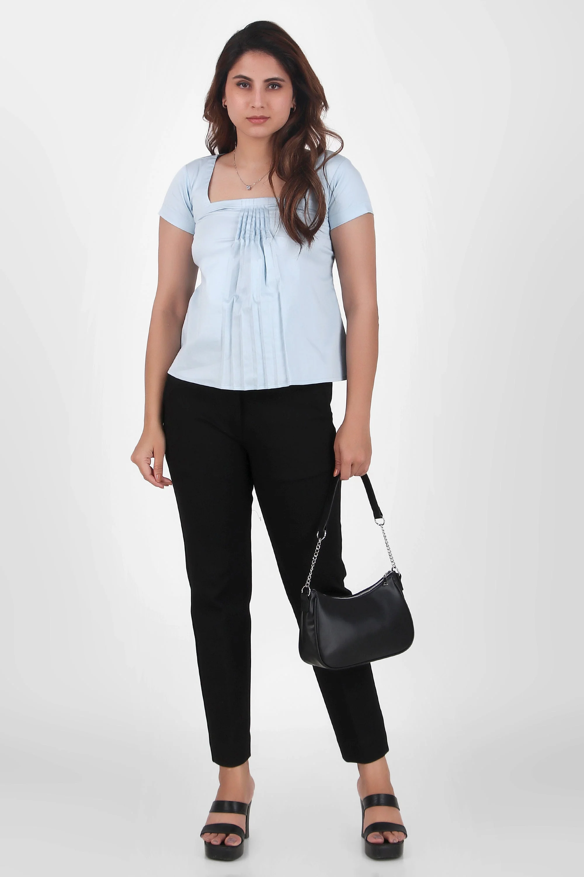Rectangular Pleated Elegance Top, Sky Blue - Image 6