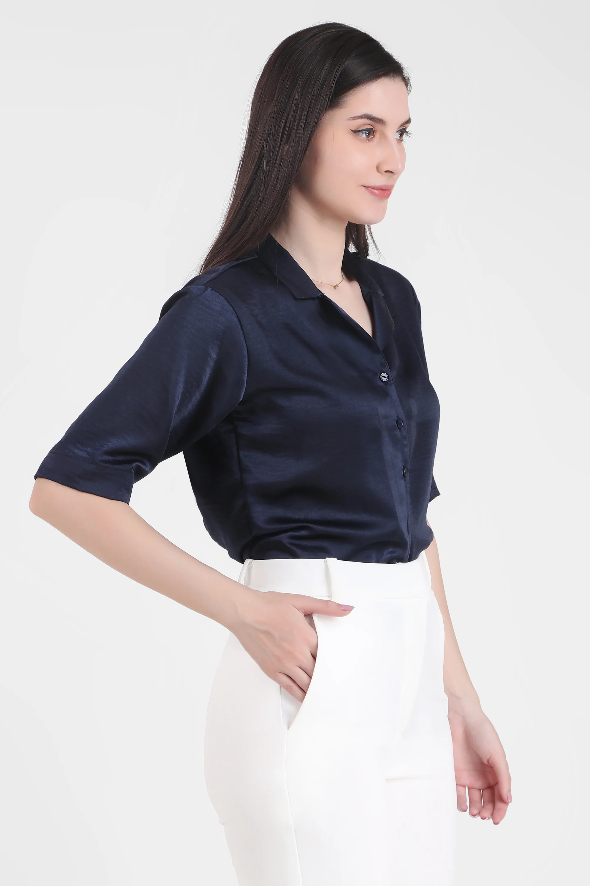 Short Sleeve Satin Shirt, Deep Sea Blue - Image 3