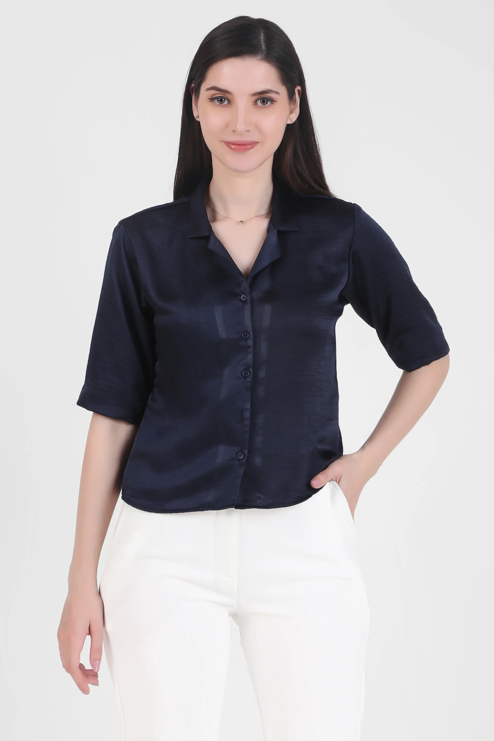 Short Sleeve Satin Shirt, Deep Sea Blue - Image 4