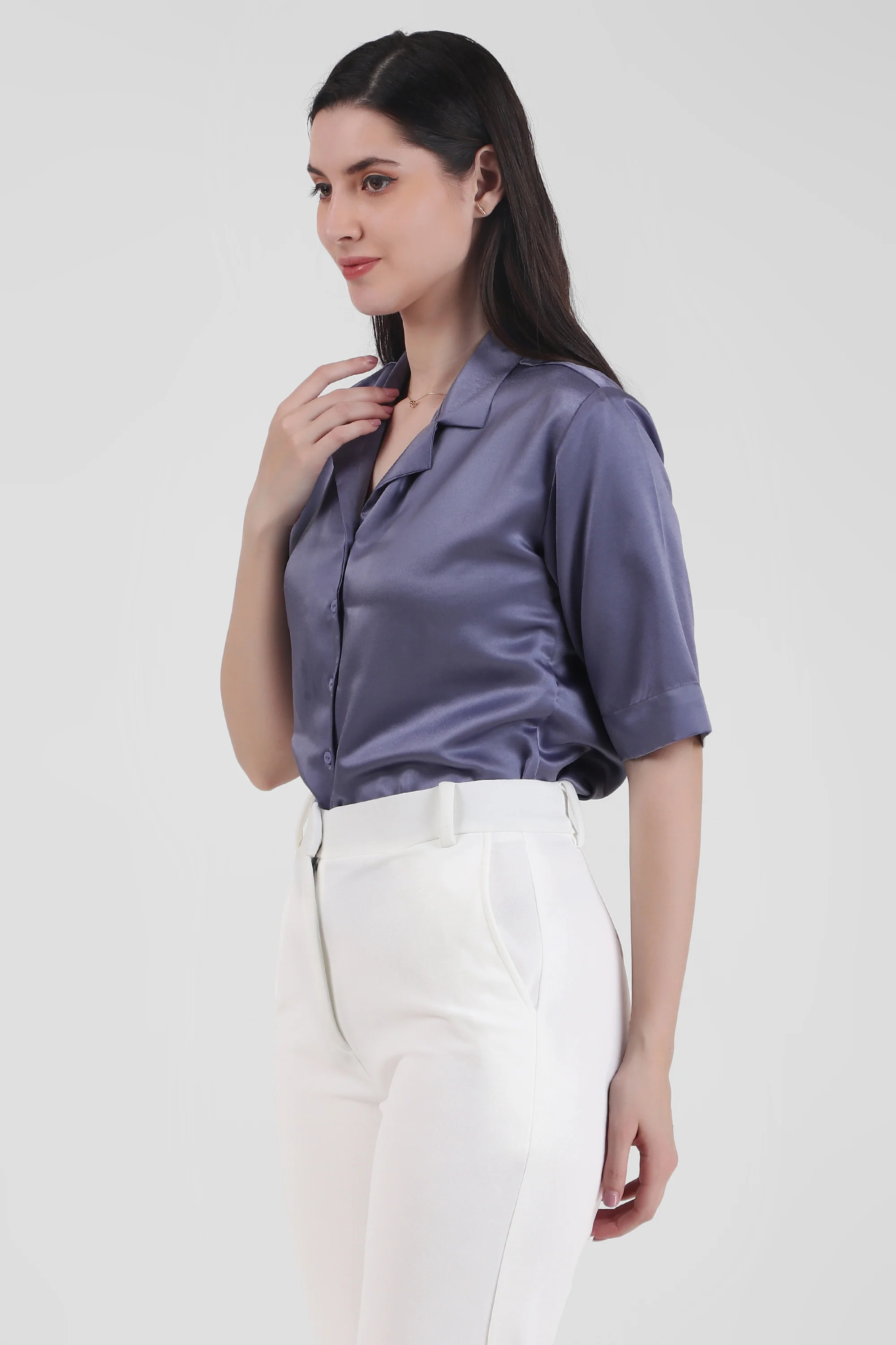Short Sleeve Satin Shirt, Lavendar - Image 3