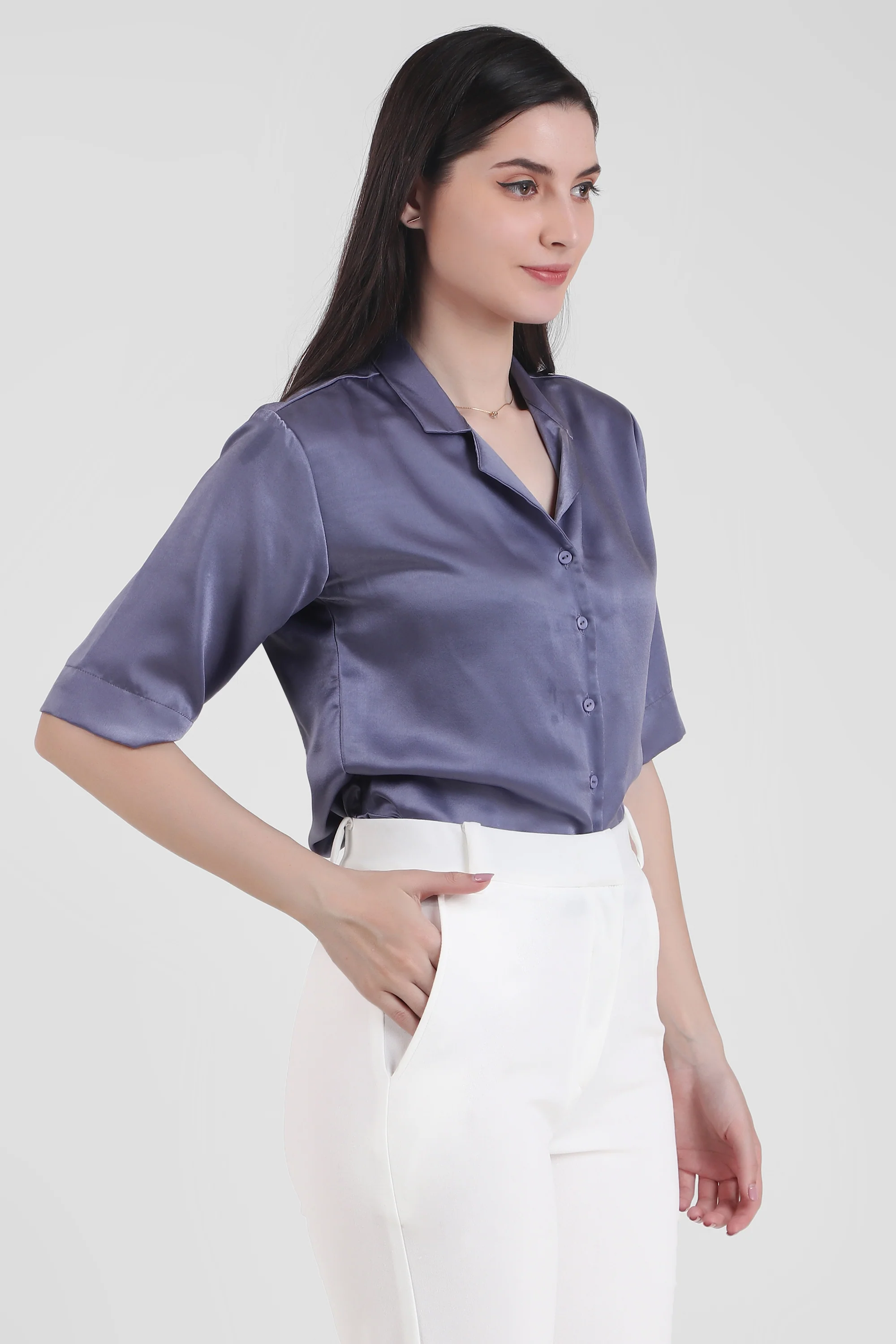 Short Sleeve Satin Shirt, Lavendar - Image 4
