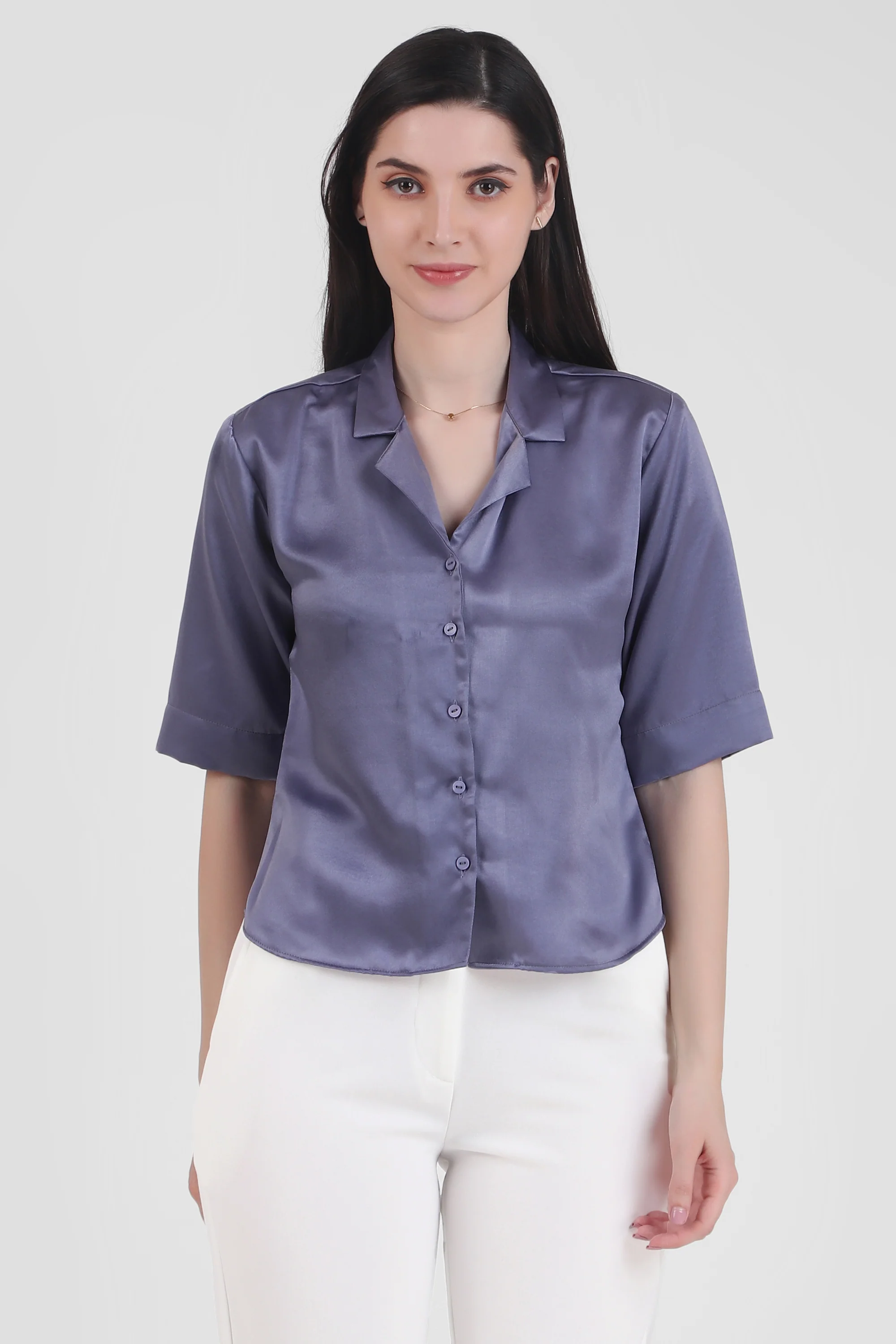 Short Sleeve Satin Shirt, Lavendar - Image 5