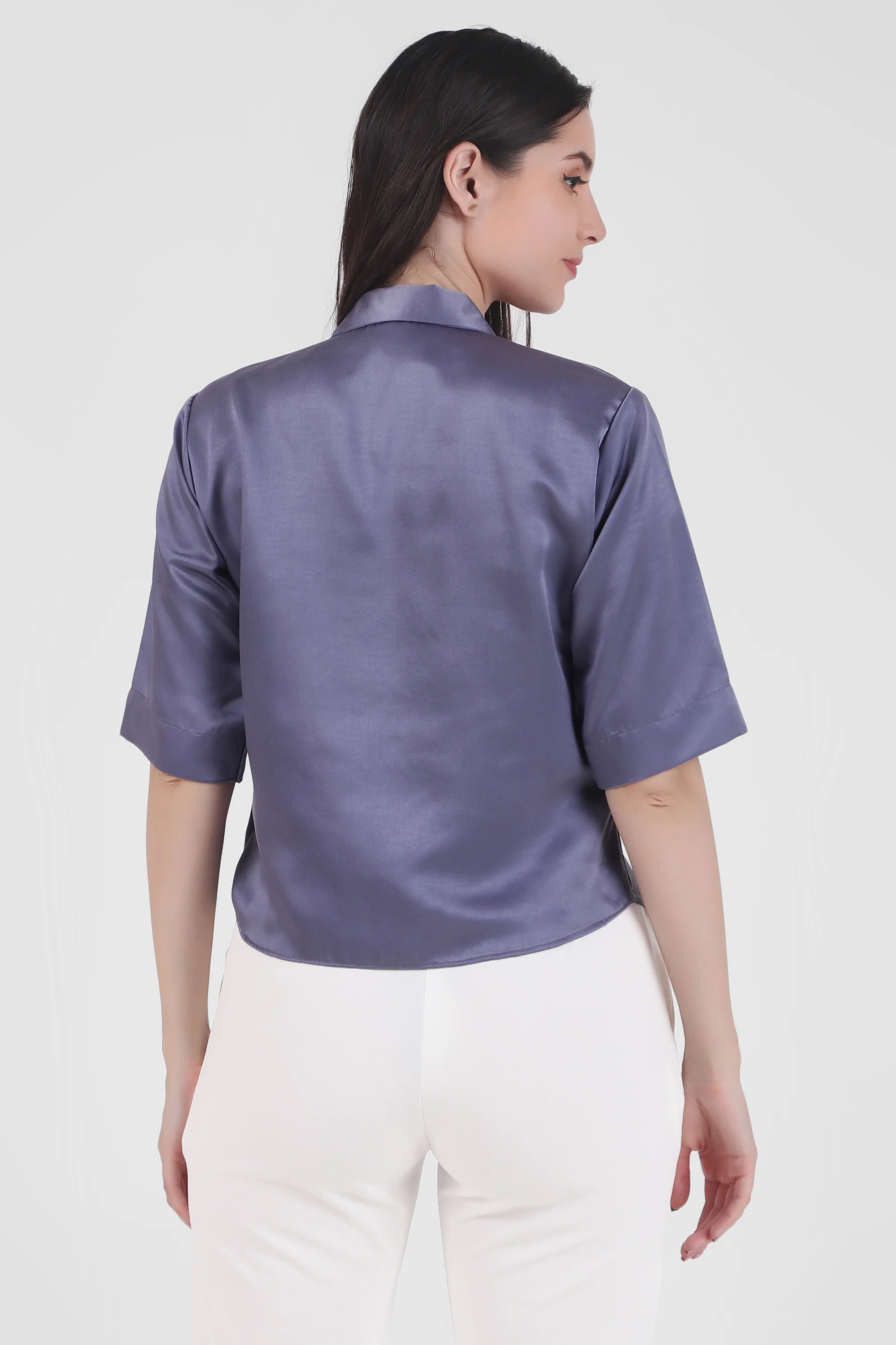 Short Sleeve Satin Shirt, Lavendar - Image 6