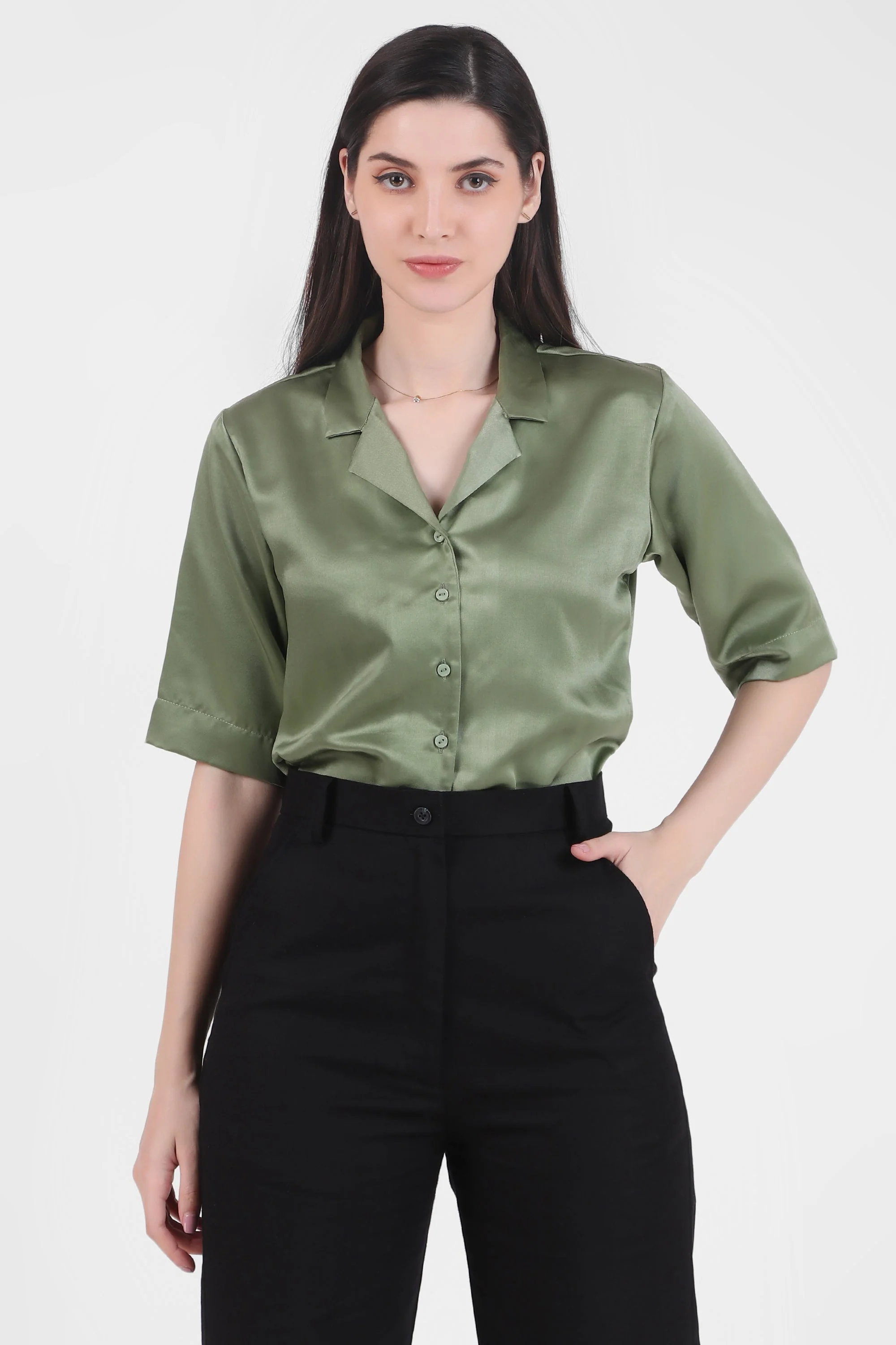 Short Sleeve Satin Shirt, Sage Green - Image 3