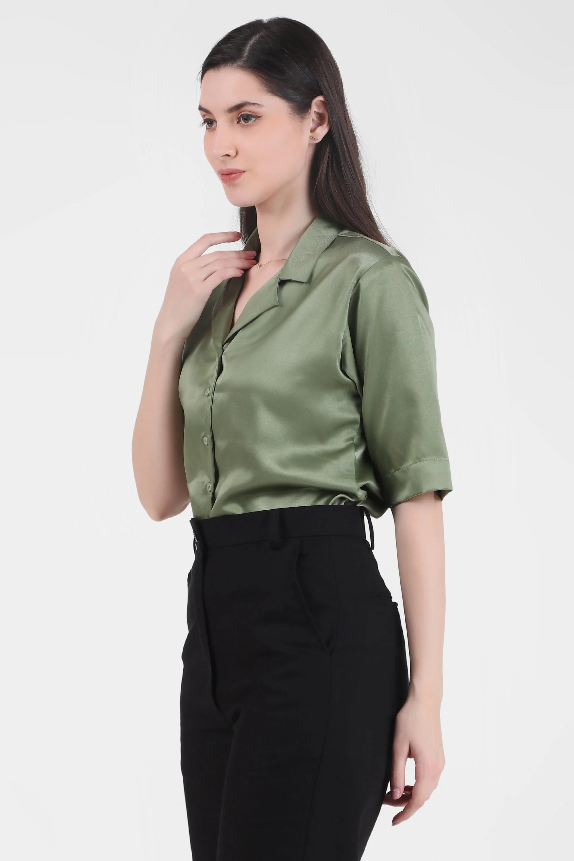 Short Sleeve Satin Shirt, Sage Green - Image 4