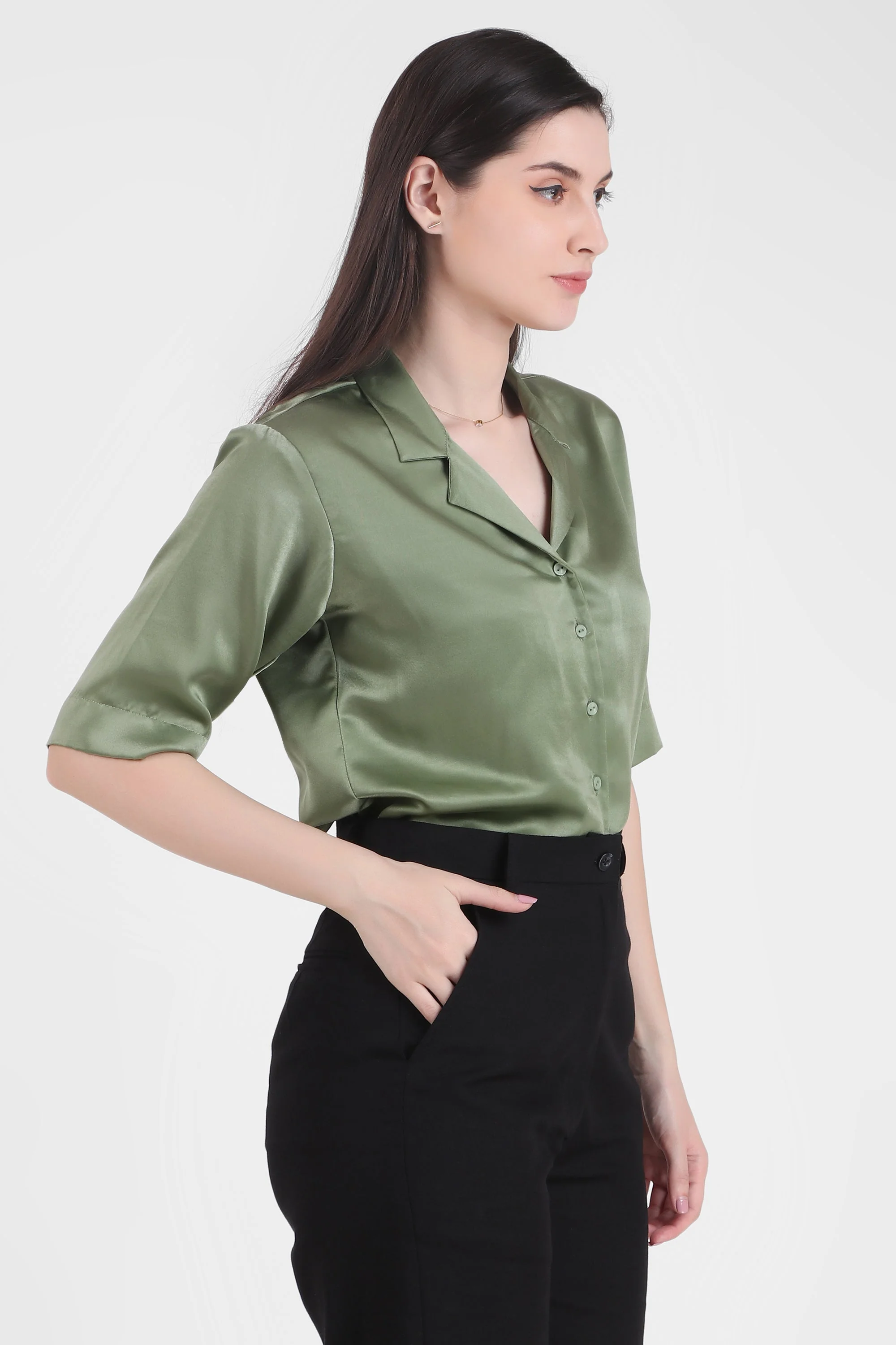 Short Sleeve Satin Shirt, Sage Green - Image 5