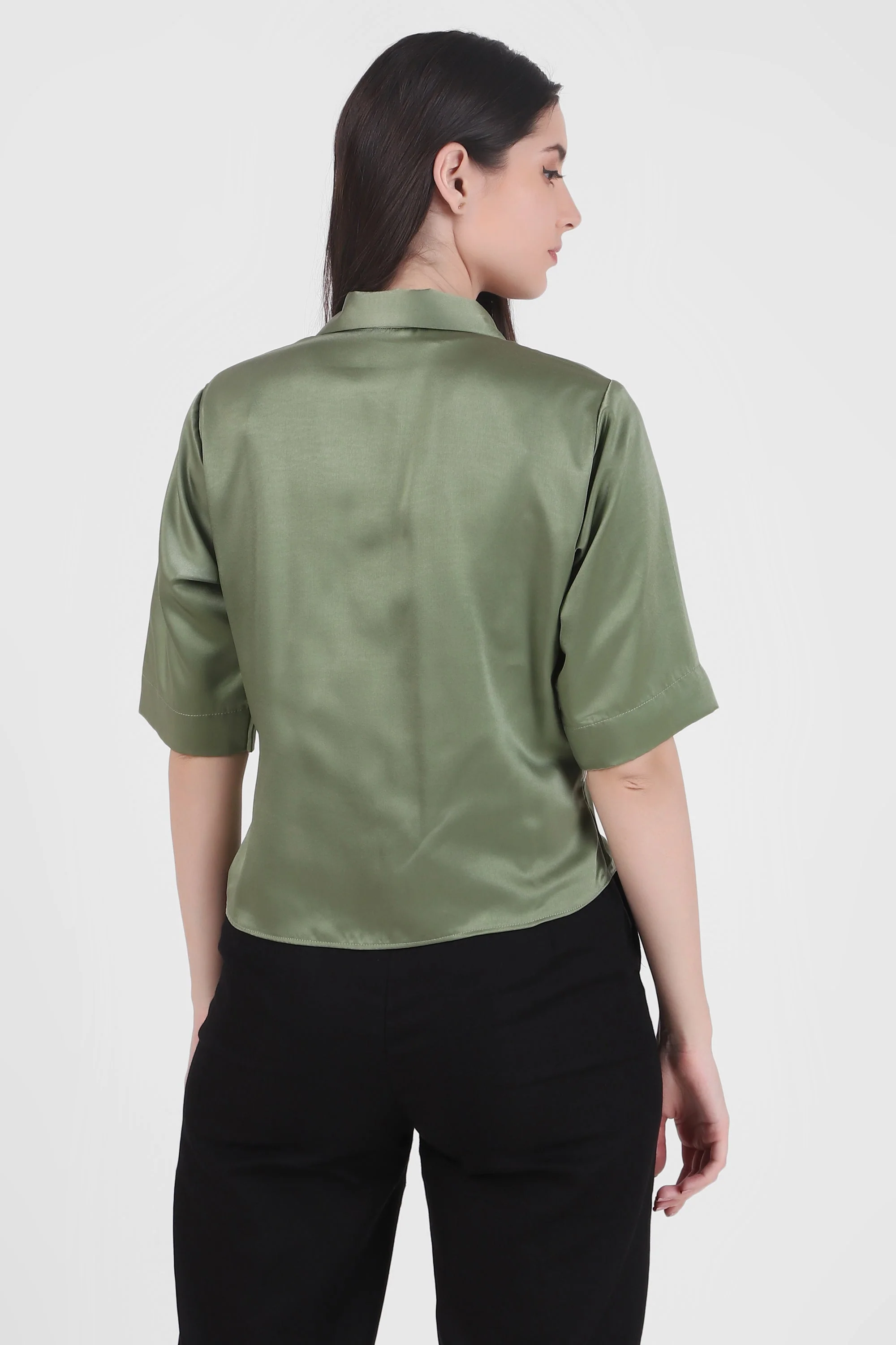 Short Sleeve Satin Shirt, Sage Green - Image 6