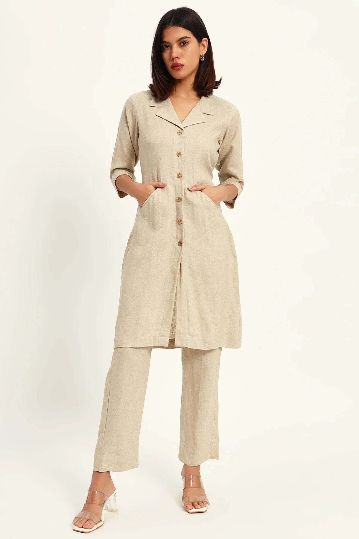 Signature Lapel Kurta Pant Set, Beige - Image 5