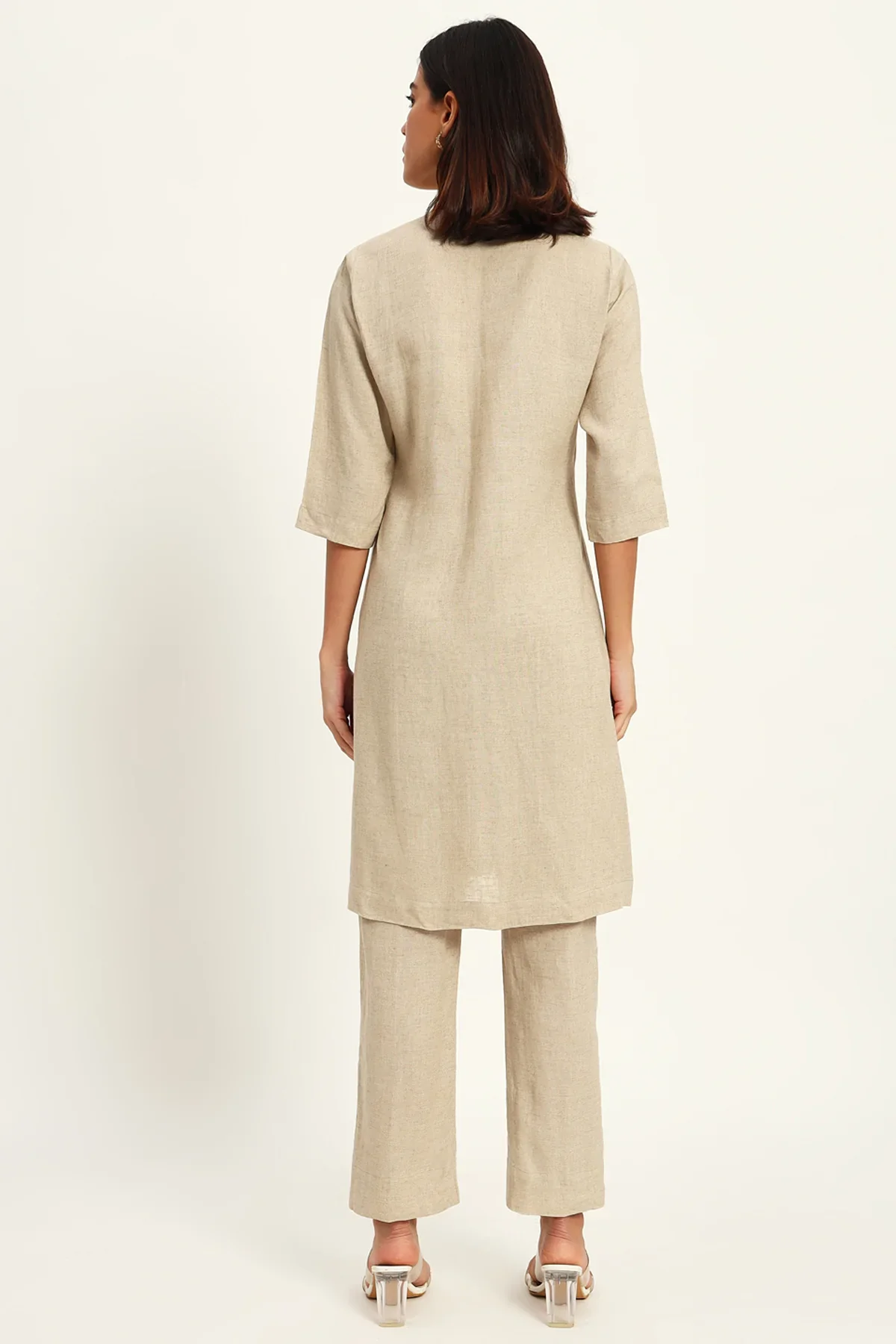 Signature Lapel Kurta Pant Set, Beige - Image 7