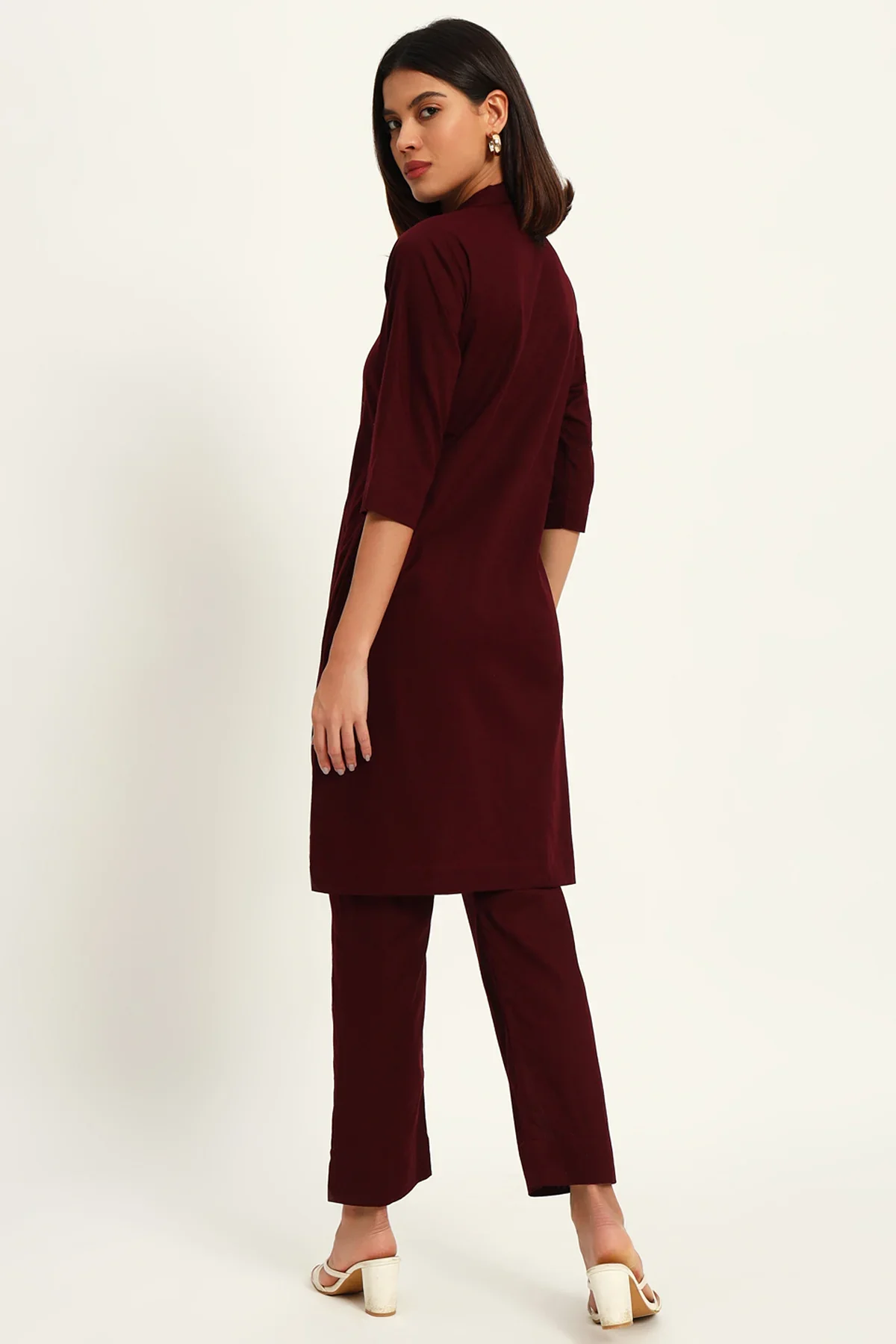 Signature Lapel Kurta Pant Set, Wine - Image 7