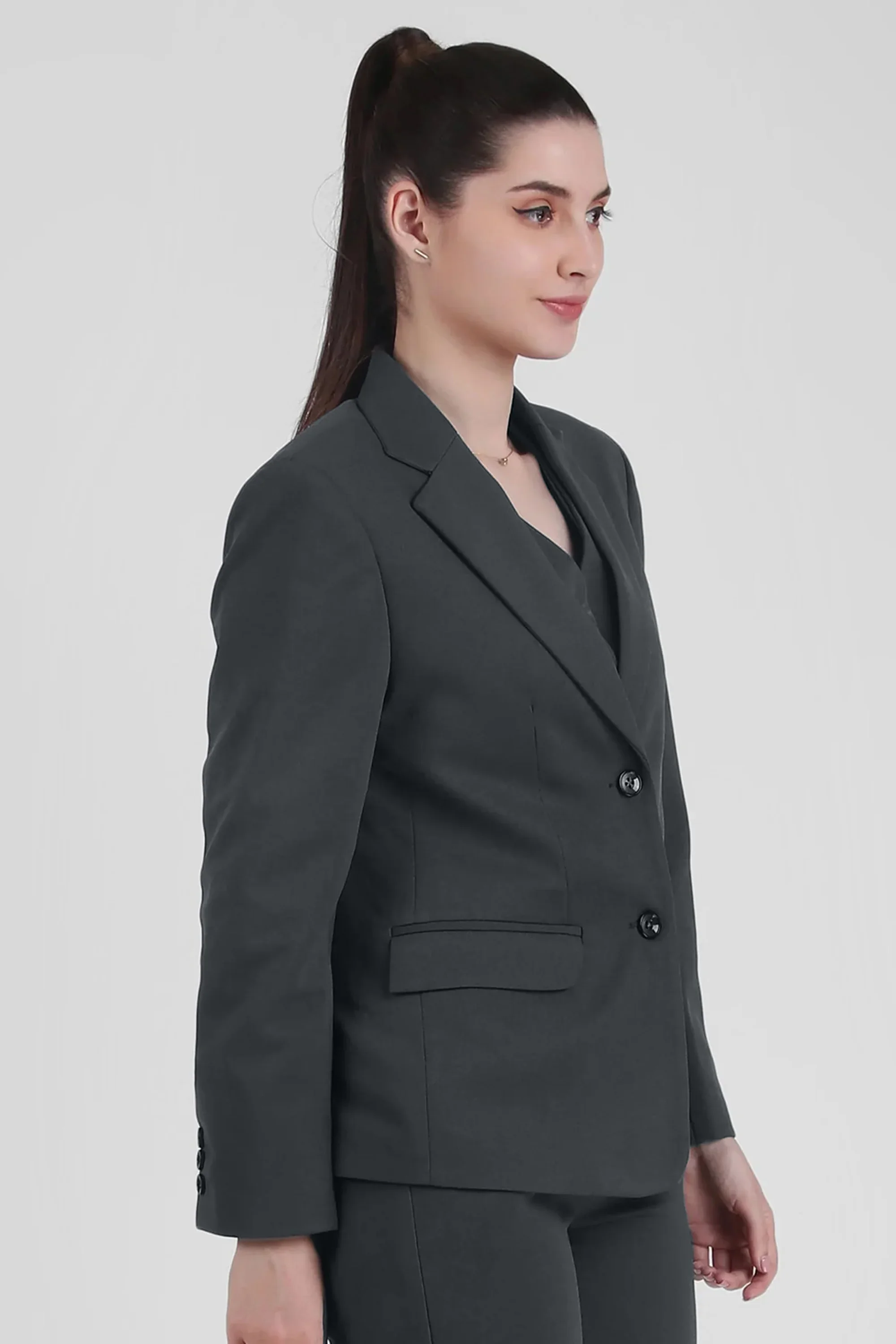 Stretch Crepe Single Breasted Blazer, Bluish Gray - Image 4