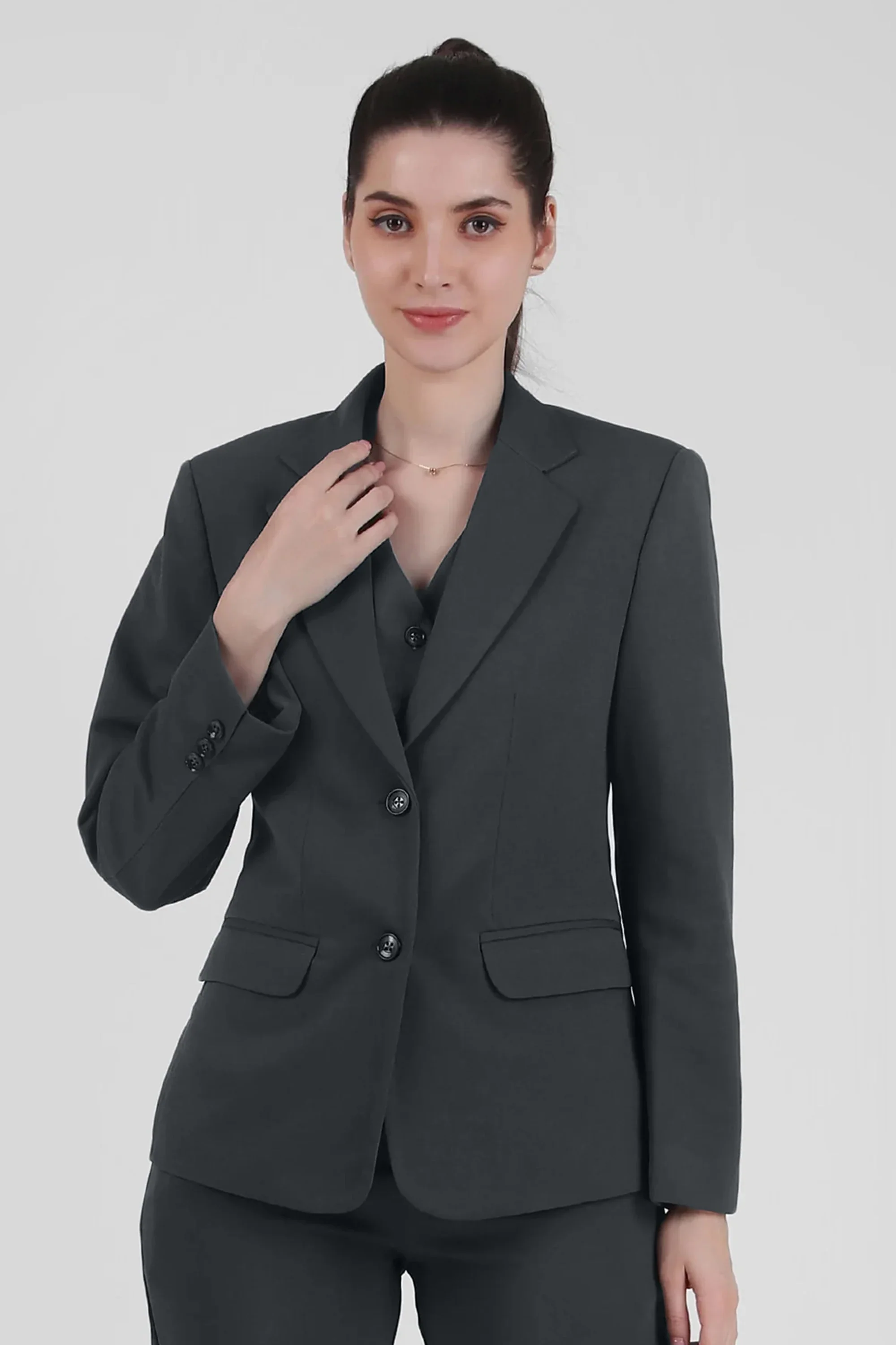 Stretch Crepe Single Breasted Blazer, Bluish Gray - Image 5