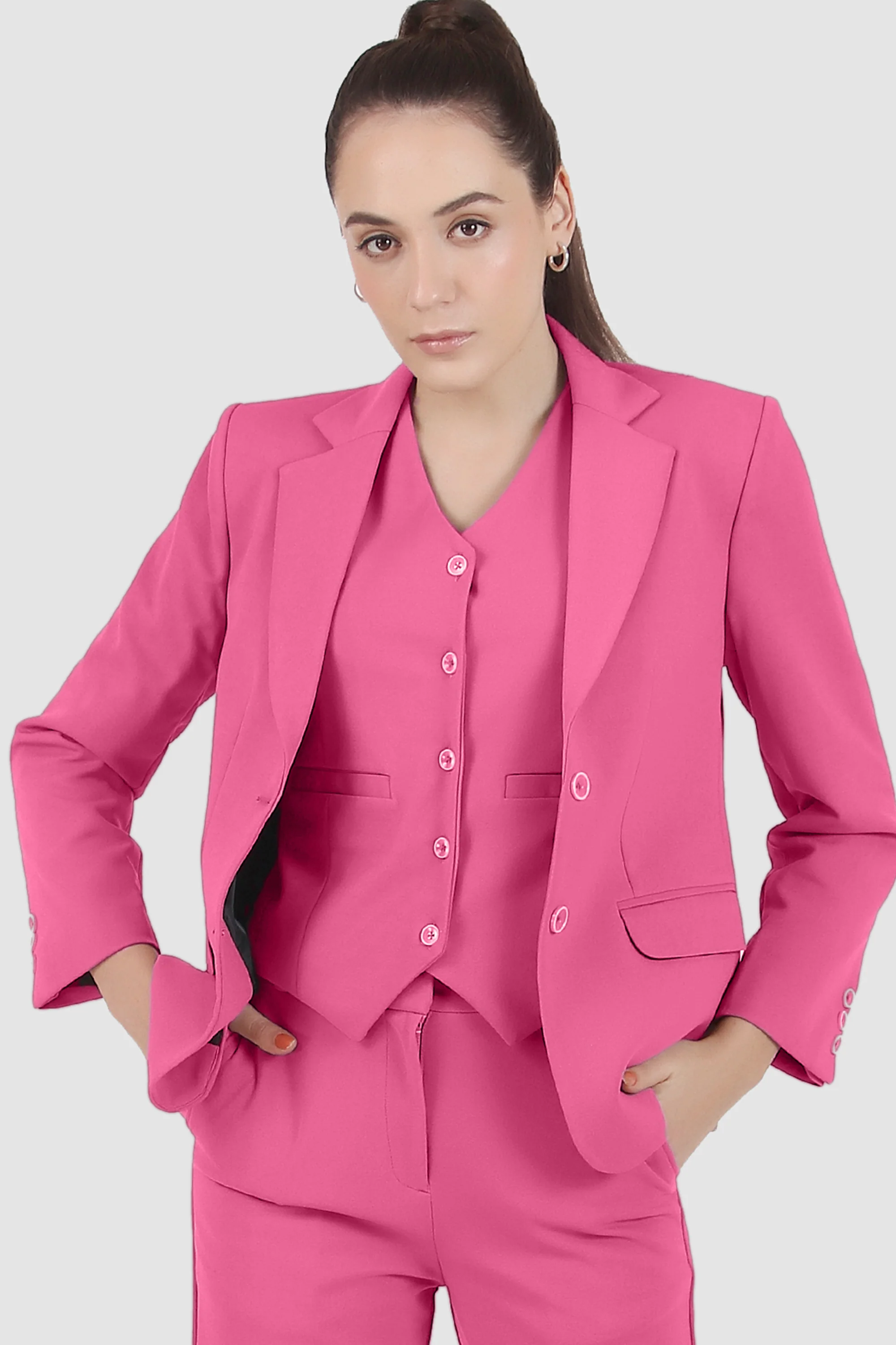 Stretch Crepe Single Breasted Blazer, Pink - Image 3