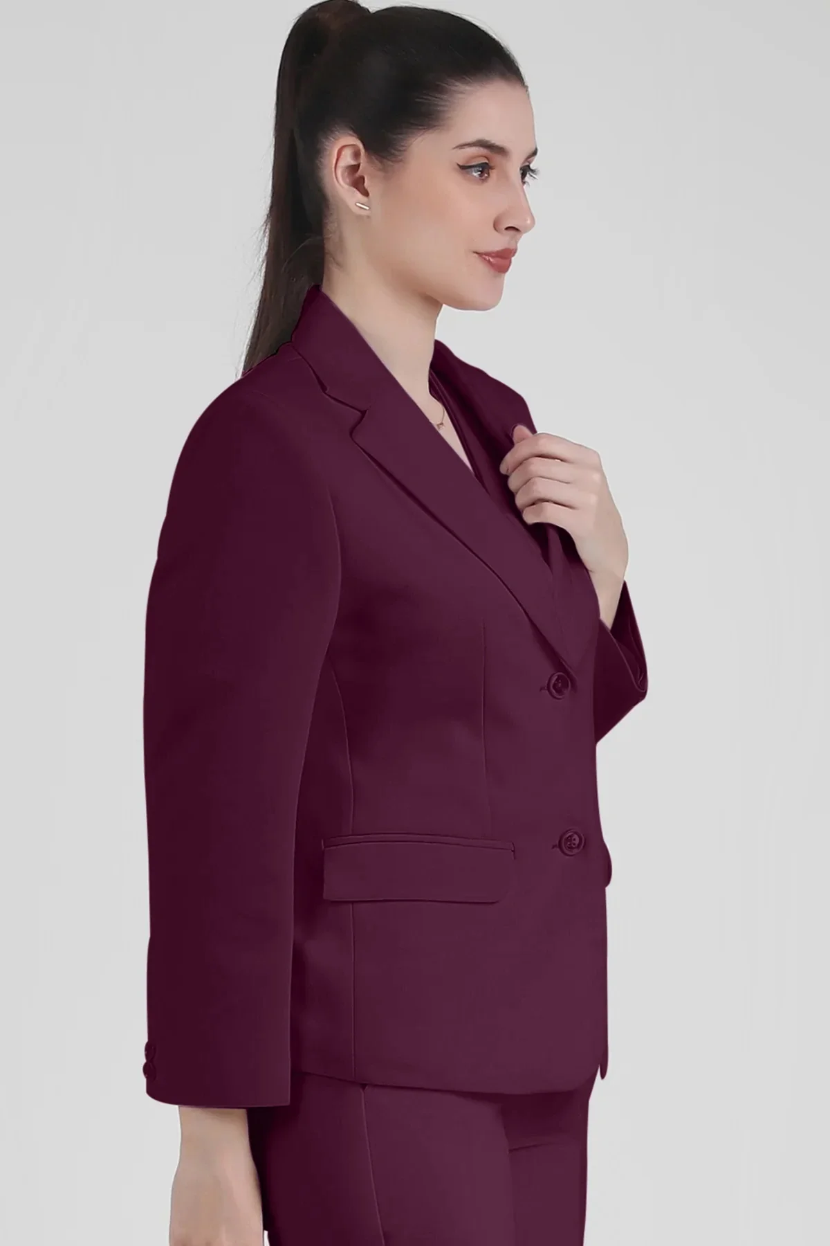 Stretch Crepe Single Breasted Blazer, Plum - Image 3