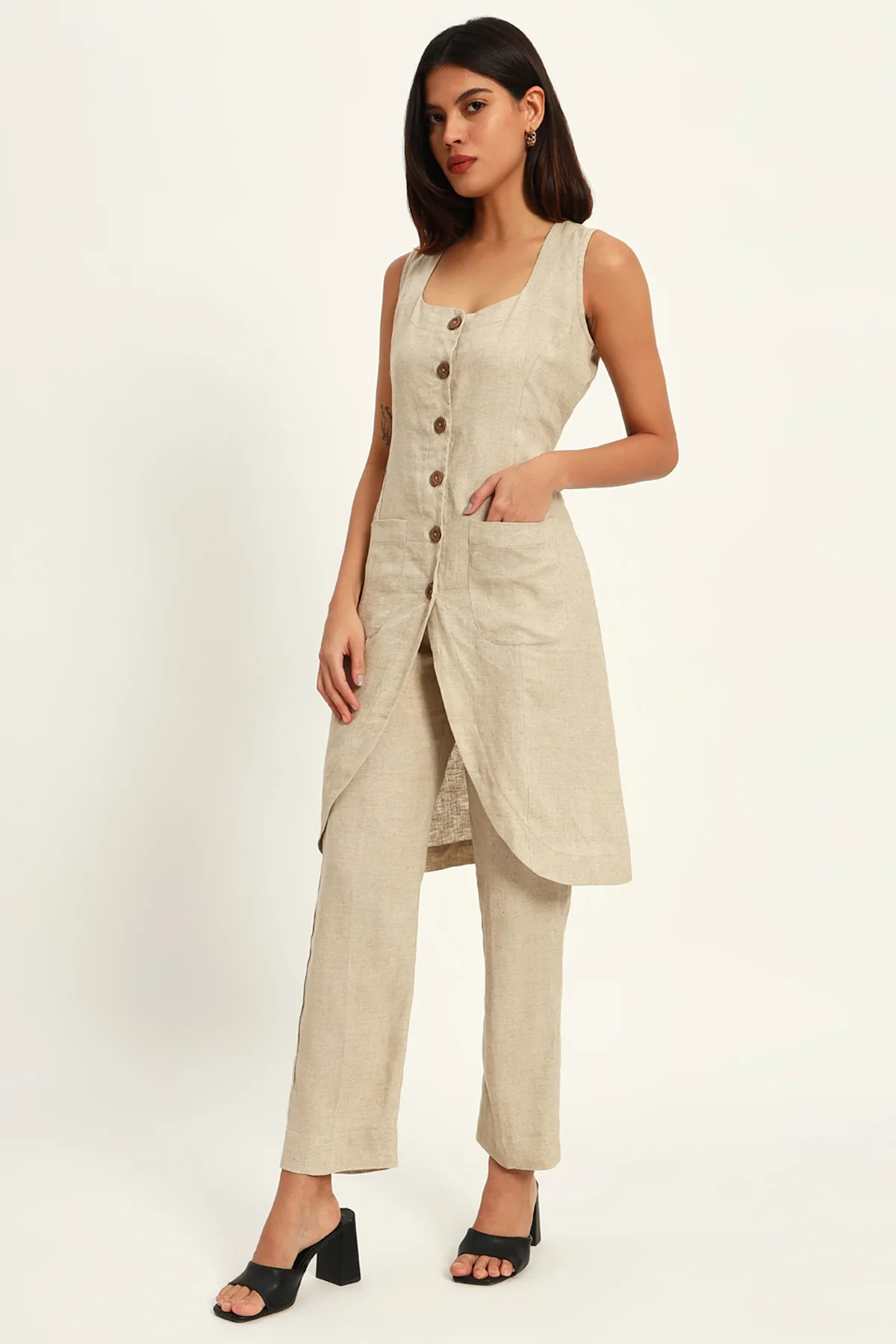 Tailored Vest Kurta Pant Set, Beige - Image 3