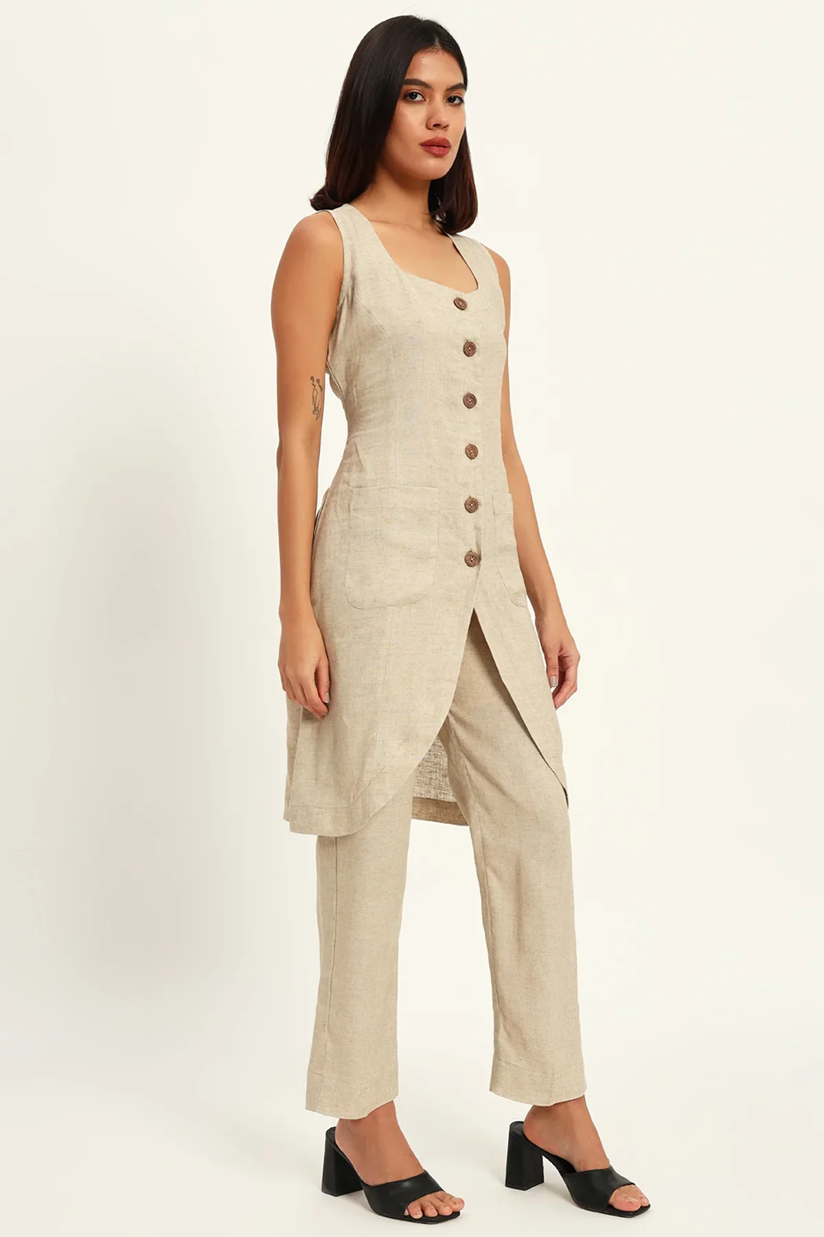 Tailored Vest Kurta Pant Set, Beige - Image 5