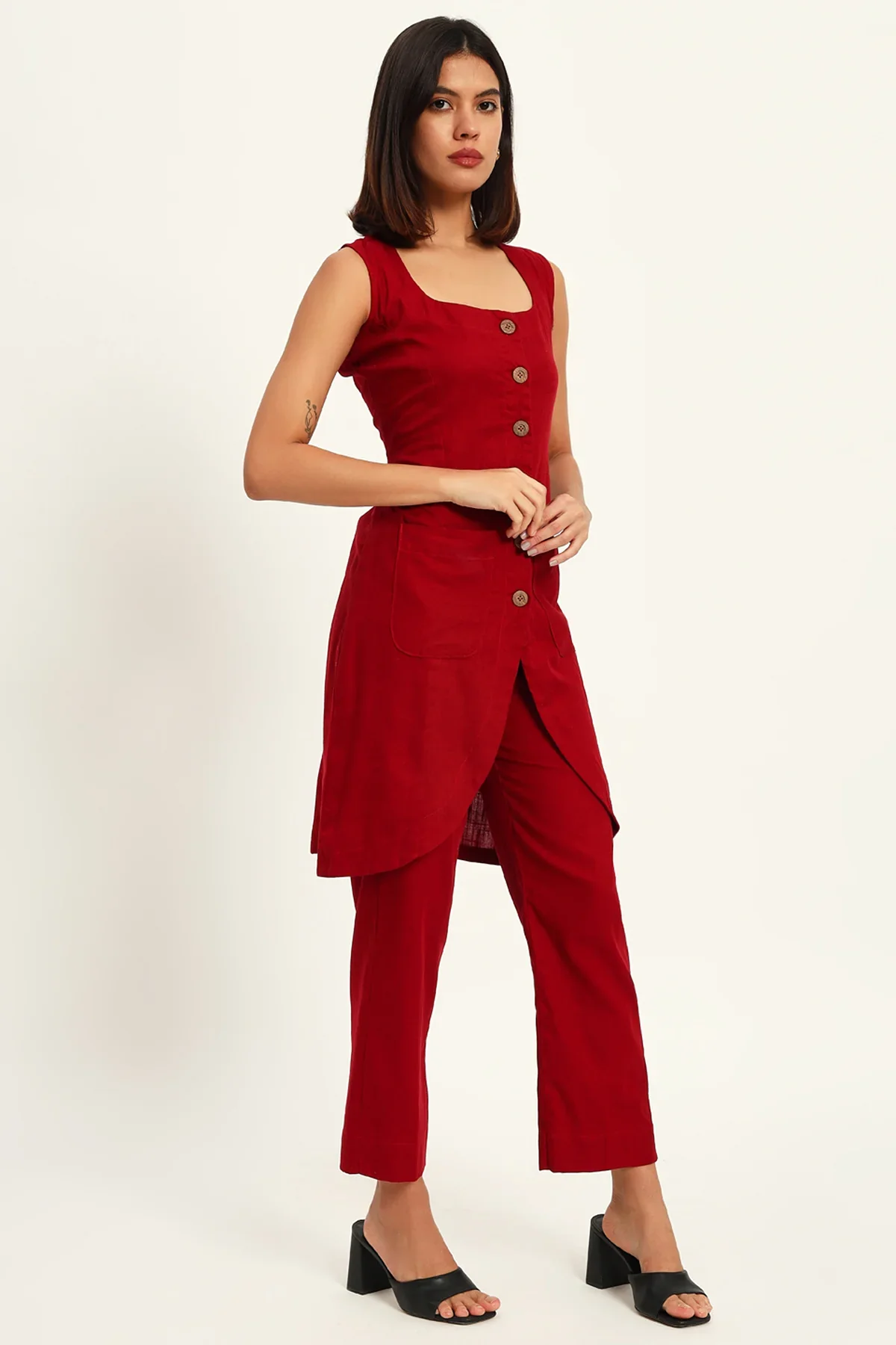 Tailored Vest Kurta Pant Set, Maroon - Image 5