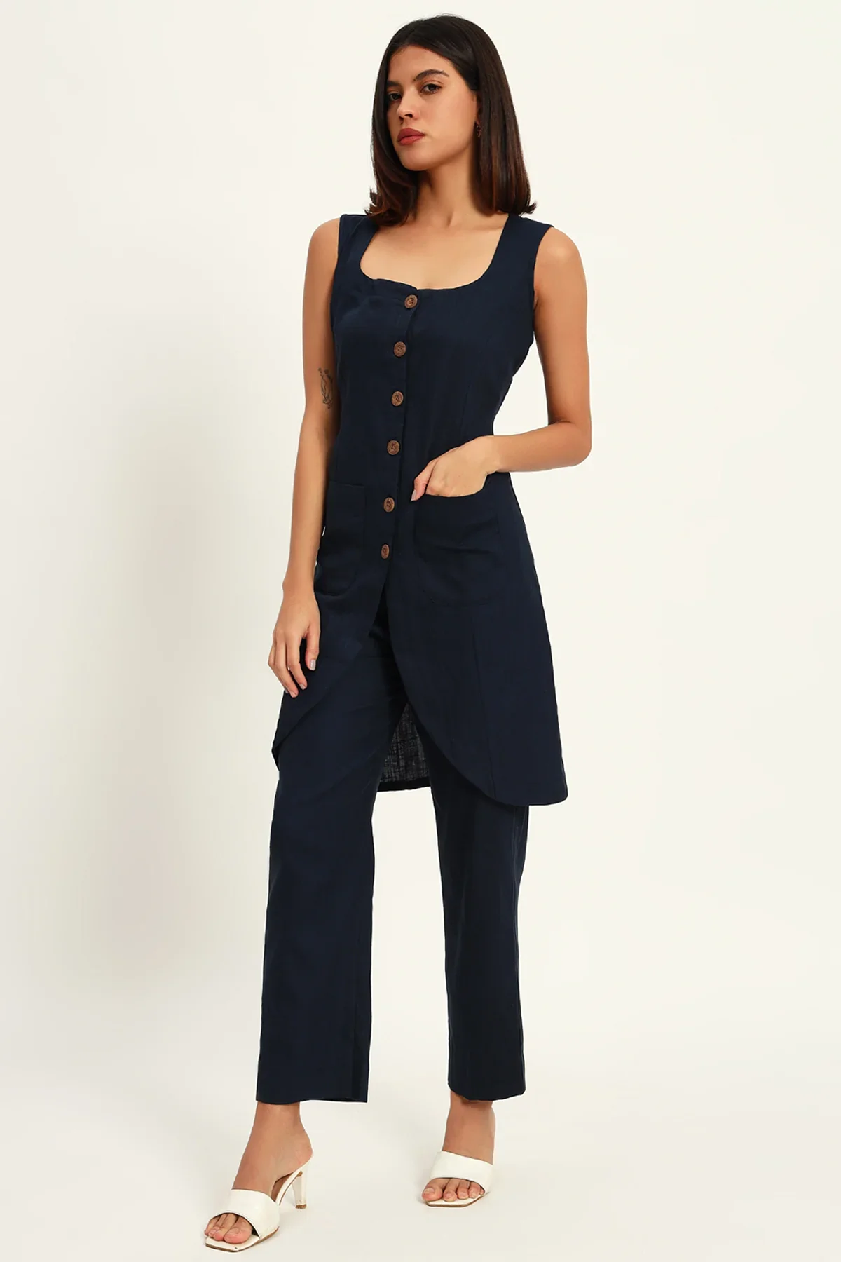 Tailored Vest Kurta Pant Set, Navy Blue - Image 3