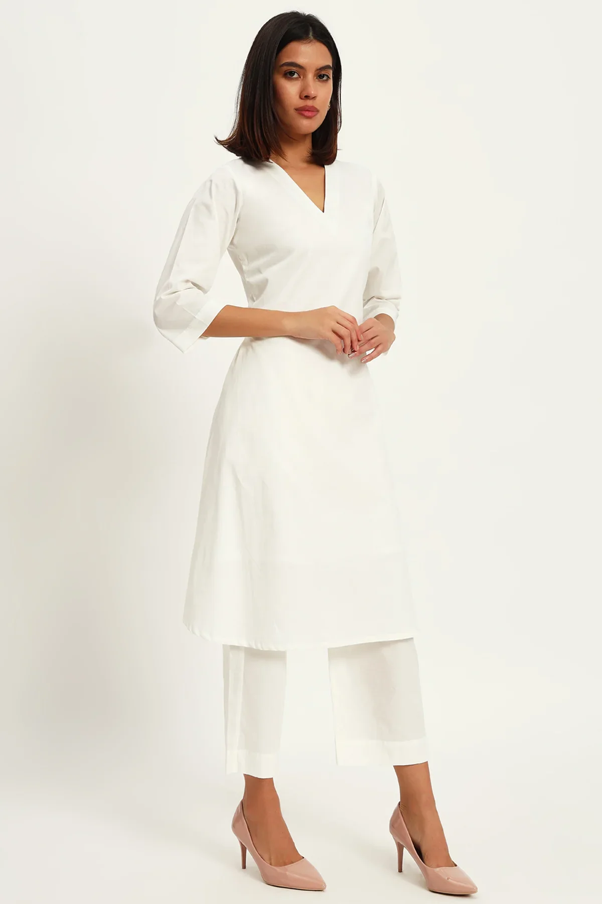 Timeless V Neck Kurta Set, White - Image 4