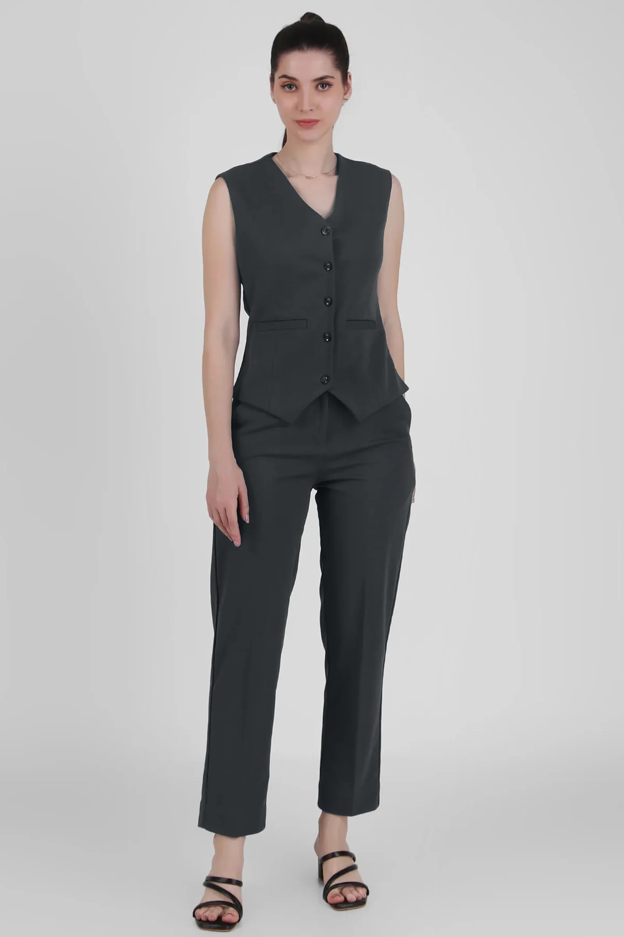 V Neck Tailored Waistcoat, Blusish Gray - Image 3