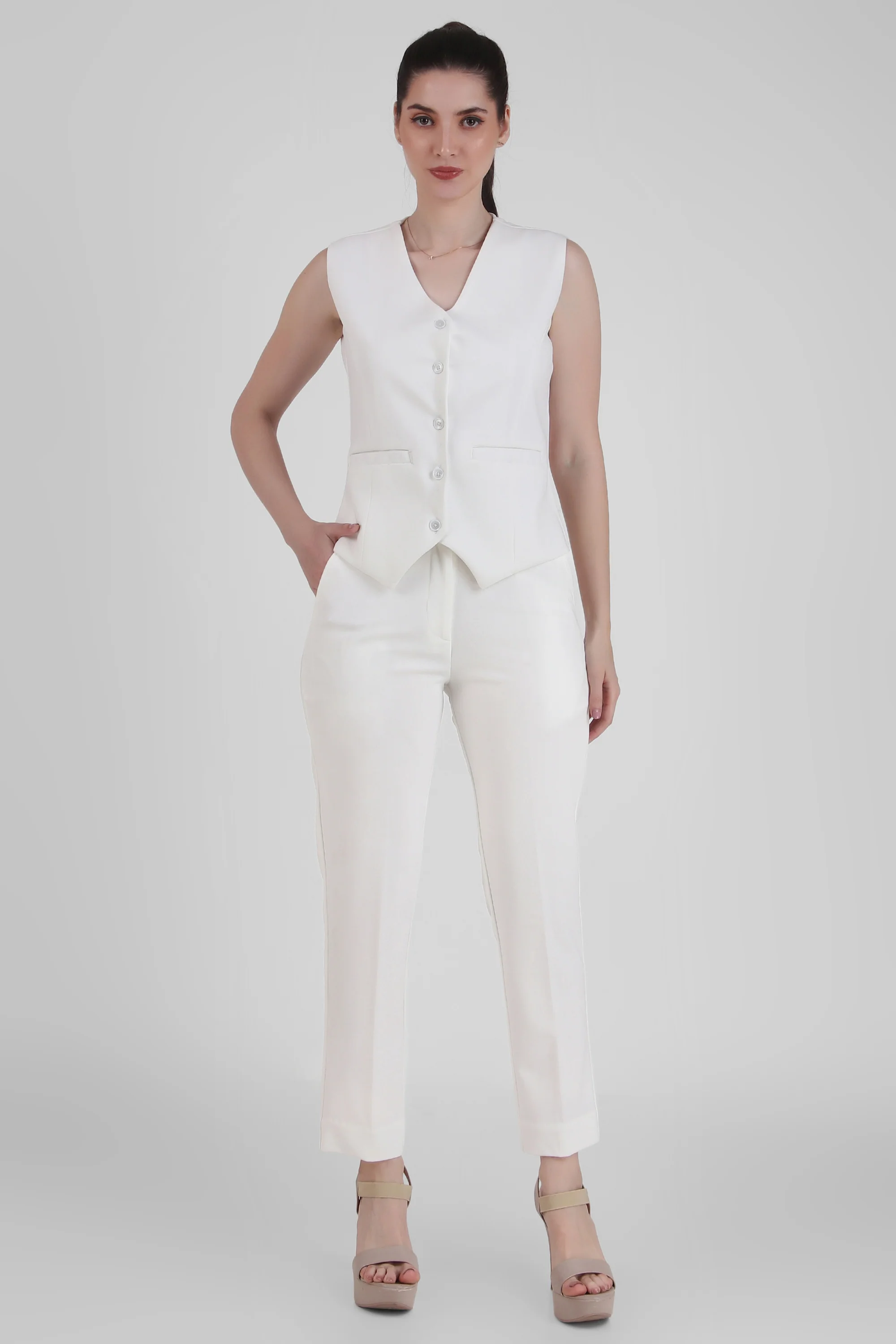 V Neck Tailored Waistcoat, Ivory - Image 4