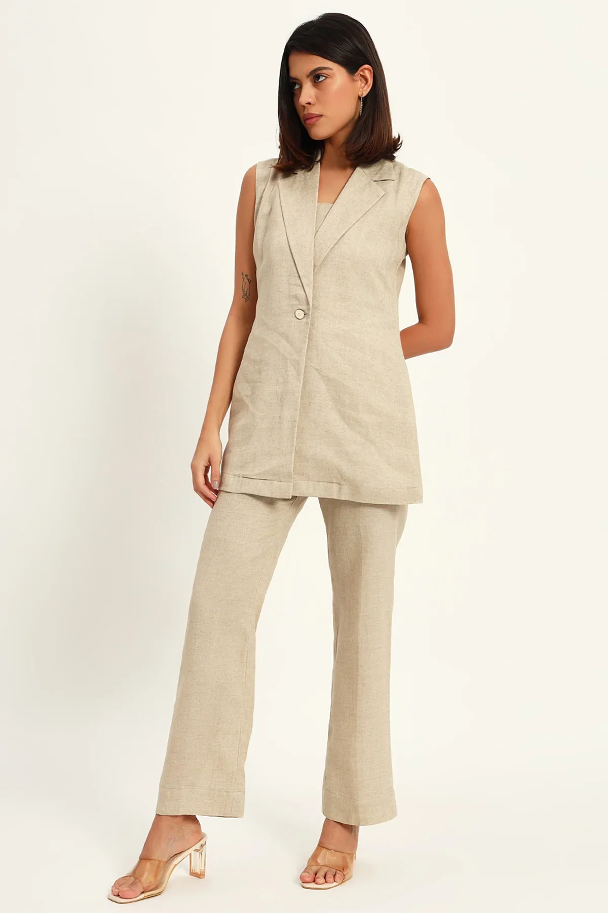 Versatile Linen Trio Jacket Co-ord Set, Beige - Image 3